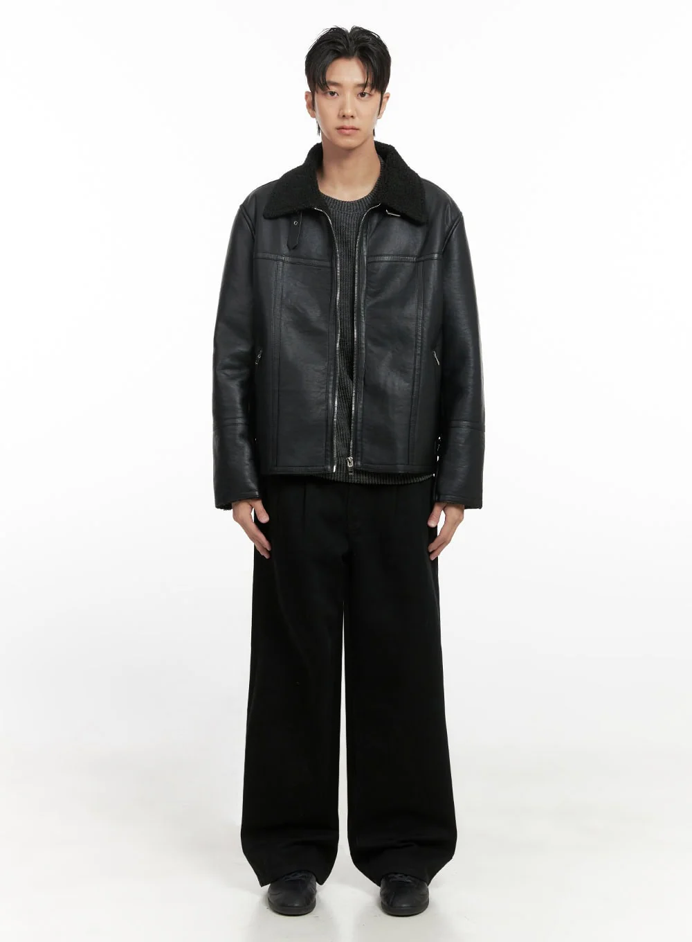 Men's Pintuck Wide Leg Cotton Pants (Black) ID413 - Image 6