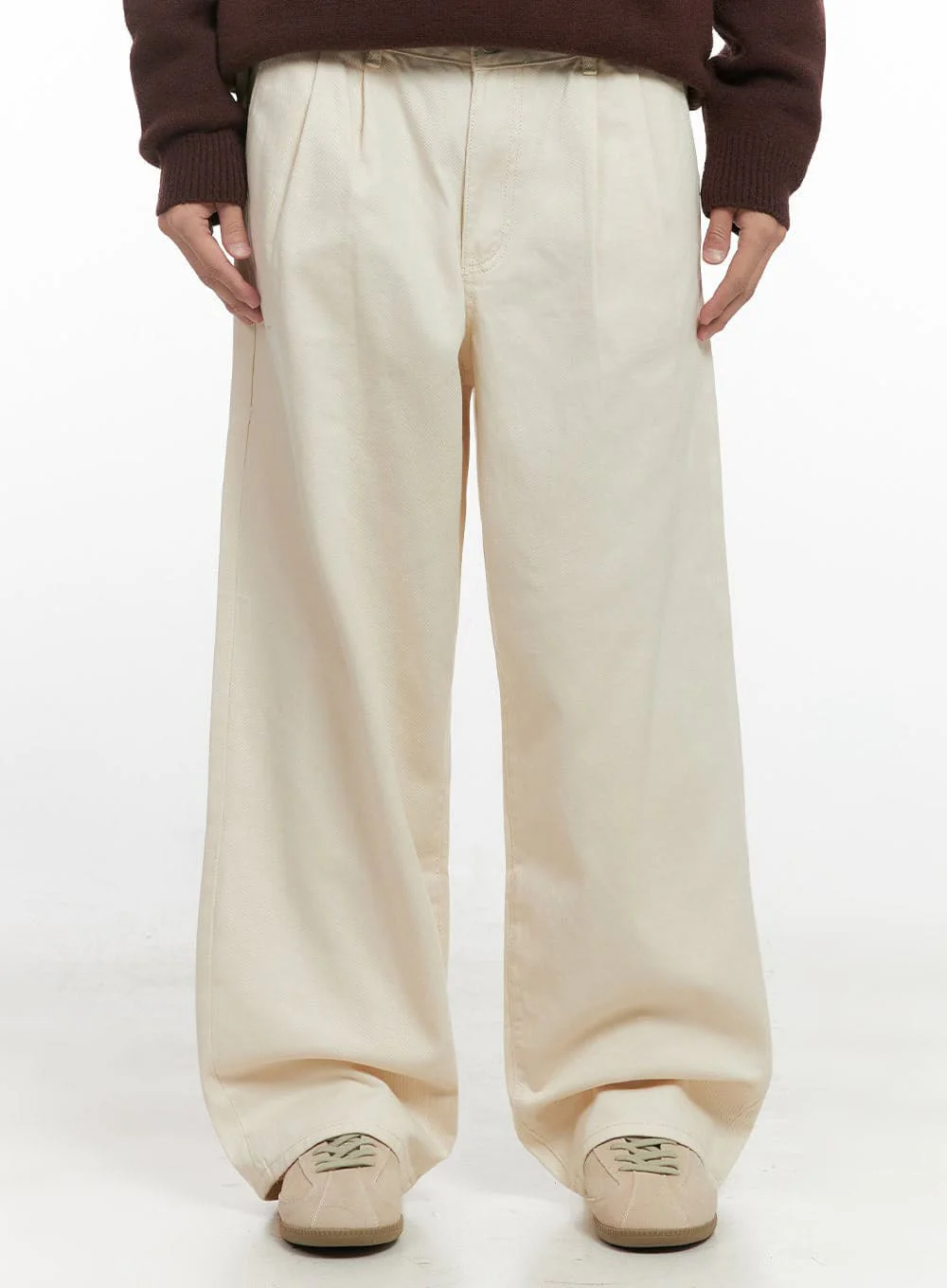 Men's Pintuck Wide Leg Cotton Pants (Light beige) ID413 - Image 2
