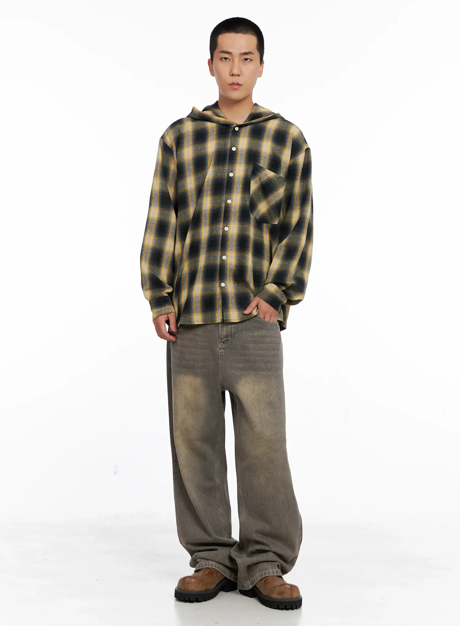 Men's Plaid Flannel Hooded Shirt IG529 - Image 7
