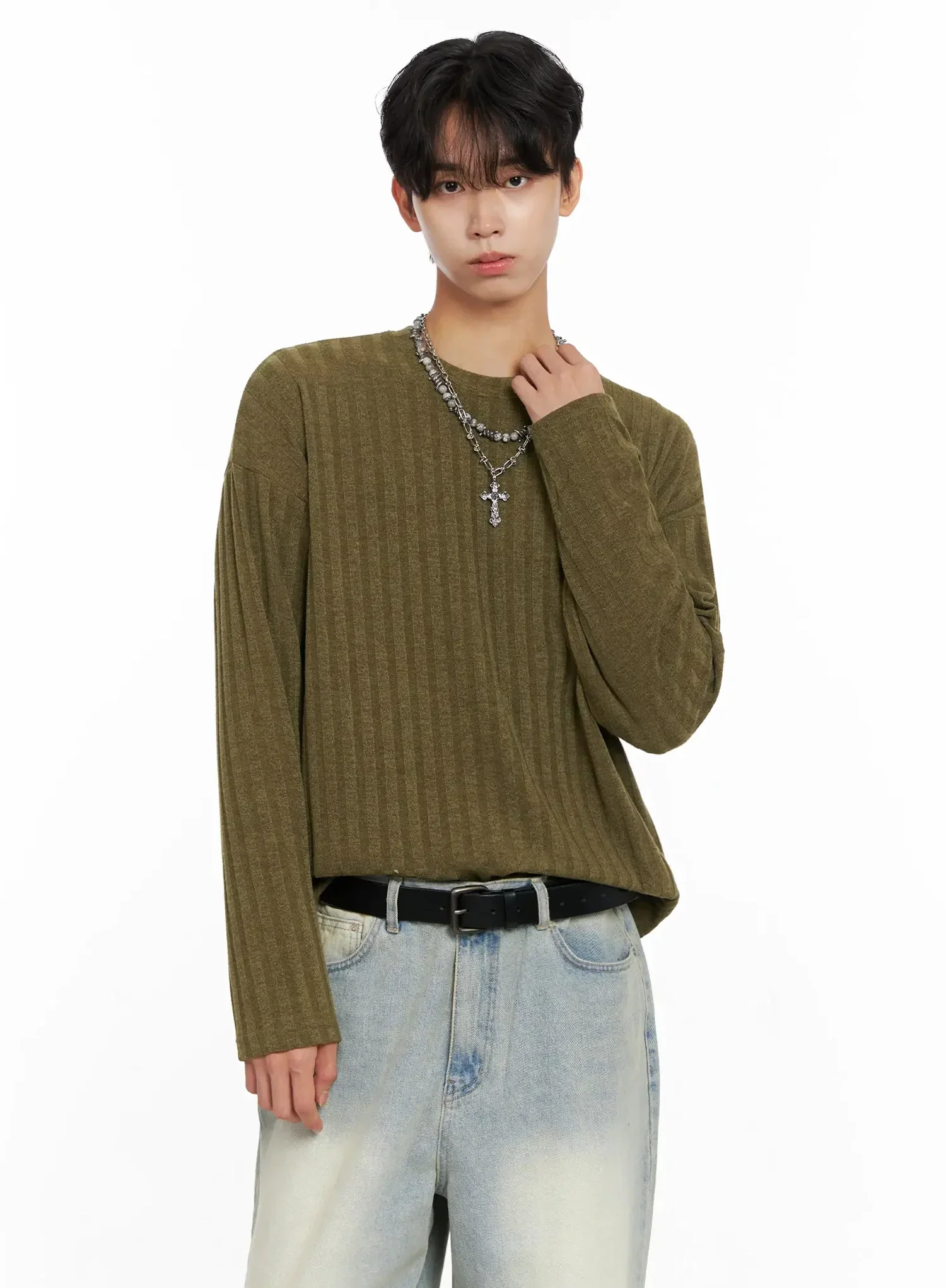 Men's Ribbed Knit Long Sleeve Shirt IO516 - Image 2