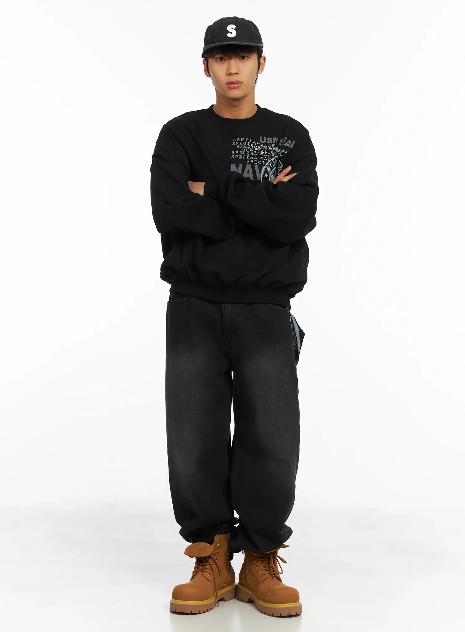Men's Straight Semi-Wide Fleece Jeans (Black) IJ514 - Image 2