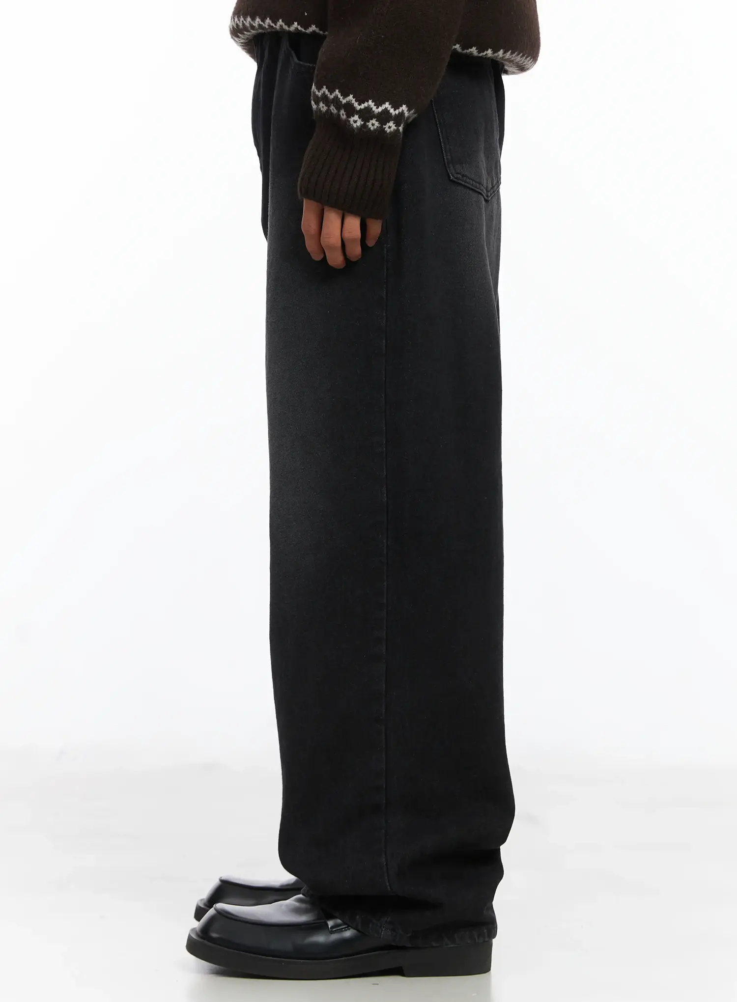 Men's Straight Semi-Wide Fleece Jeans (Black) IJ514 - Image 5