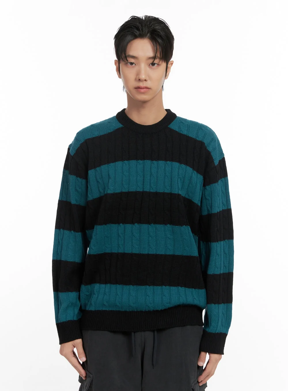 Men's Stripe Cable Knit Sweater ID413 - Image 10