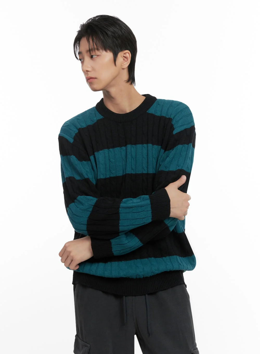 Men's Stripe Cable Knit Sweater ID413 - Image 3
