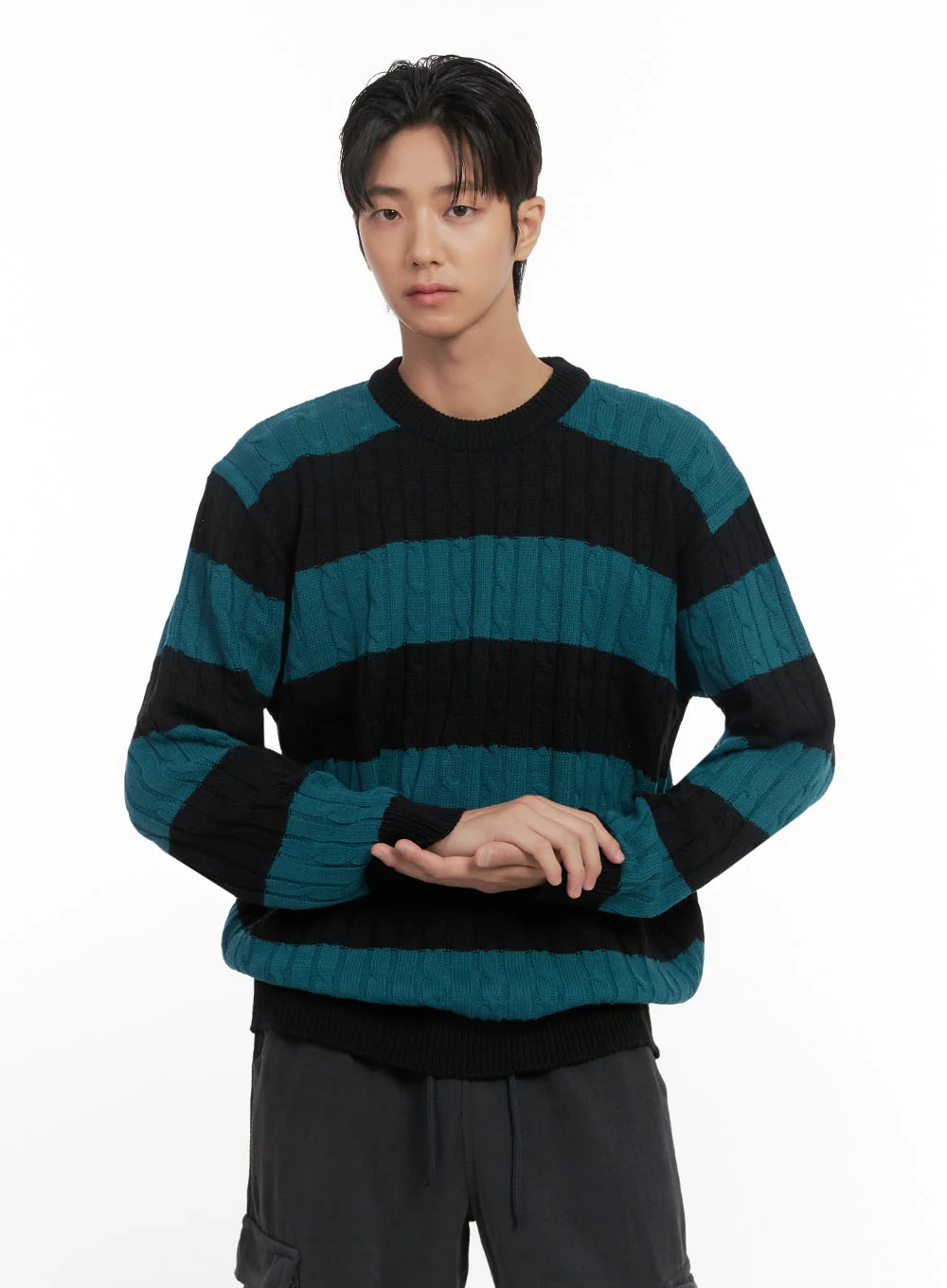 Men's Stripe Cable Knit Sweater ID413 - Image 4