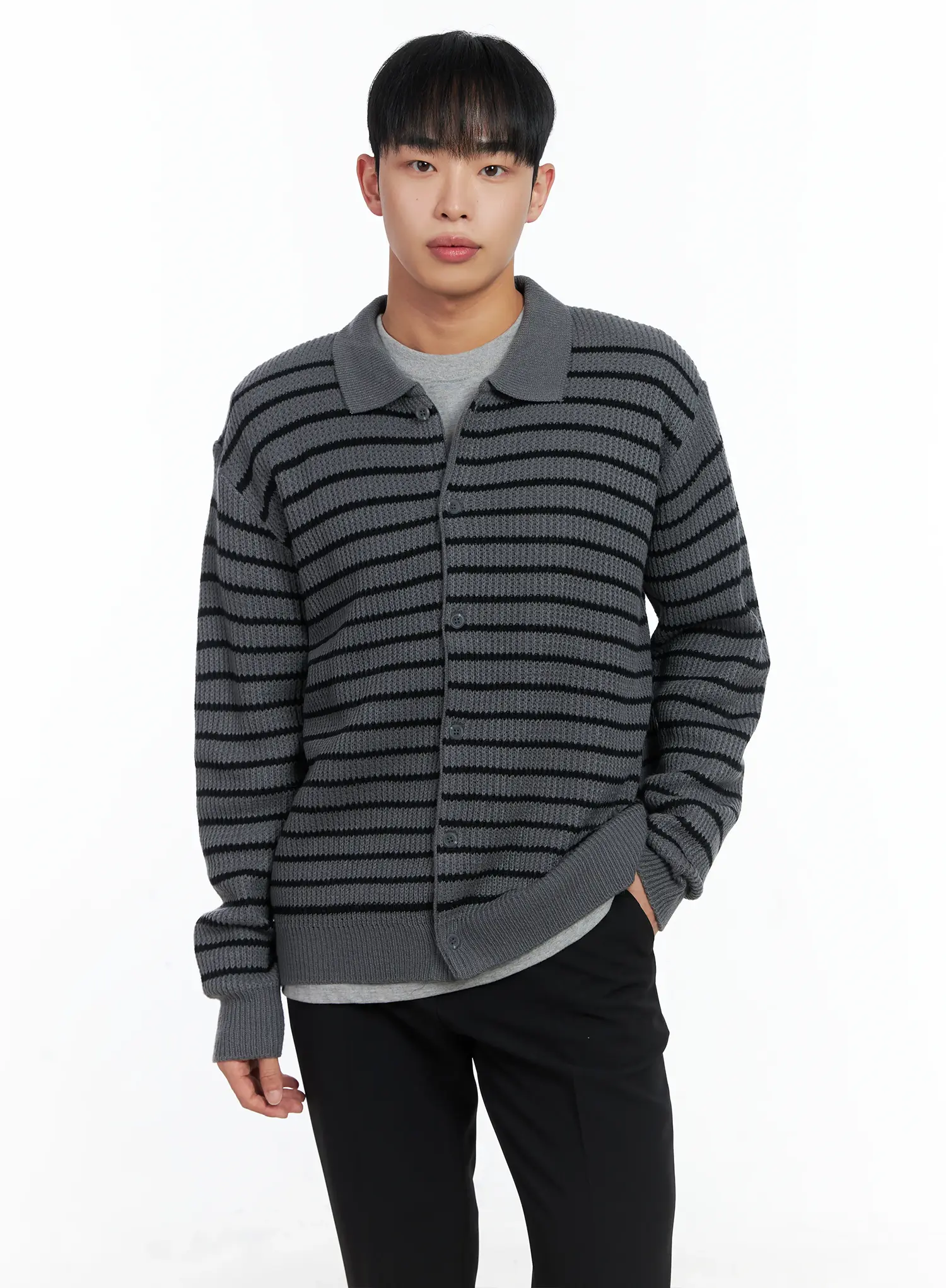 Men's Stripe Knit Collared Cardigan IN518