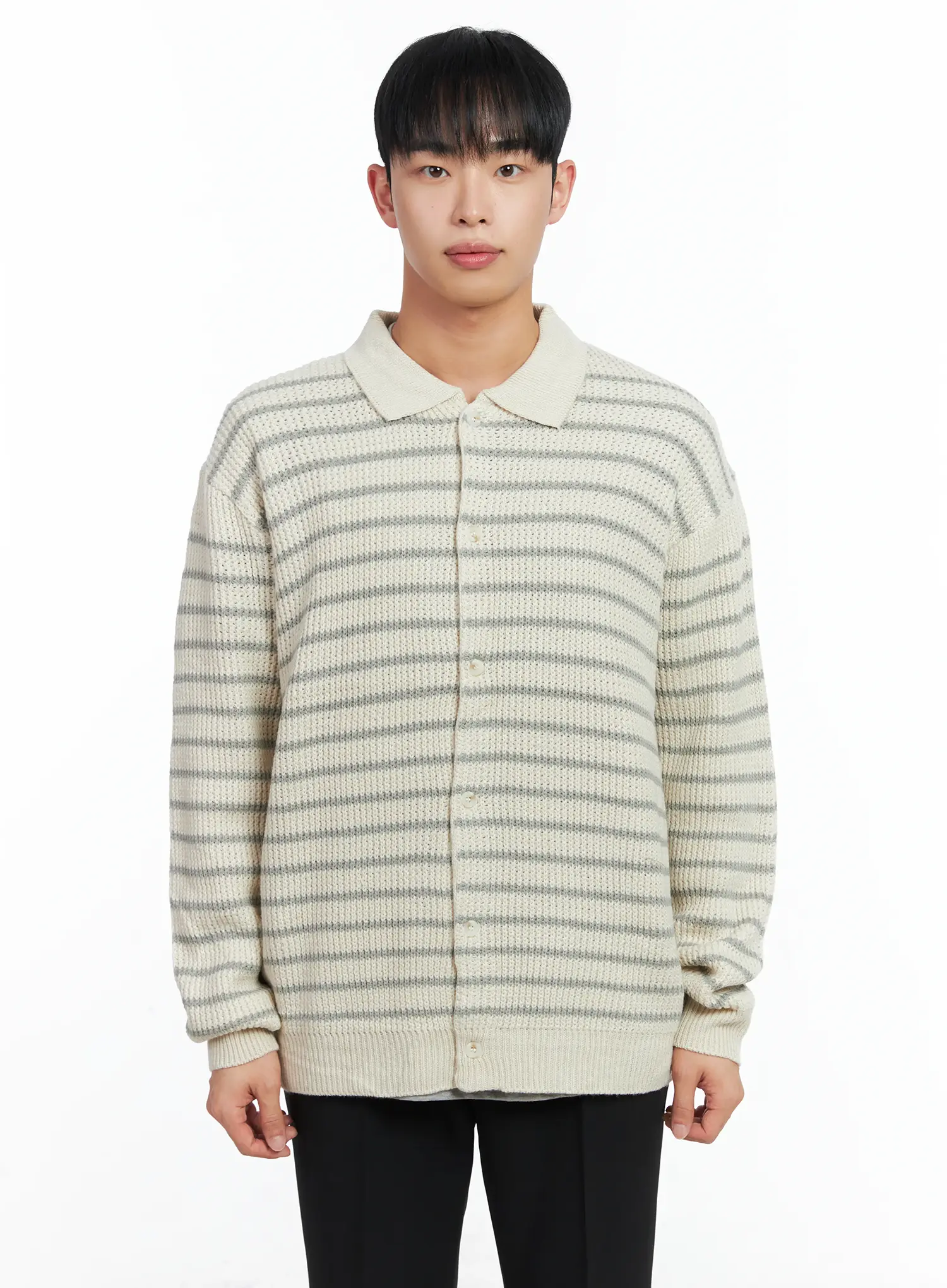 Men's Stripe Knit Collared Cardigan IN518 - Image 10