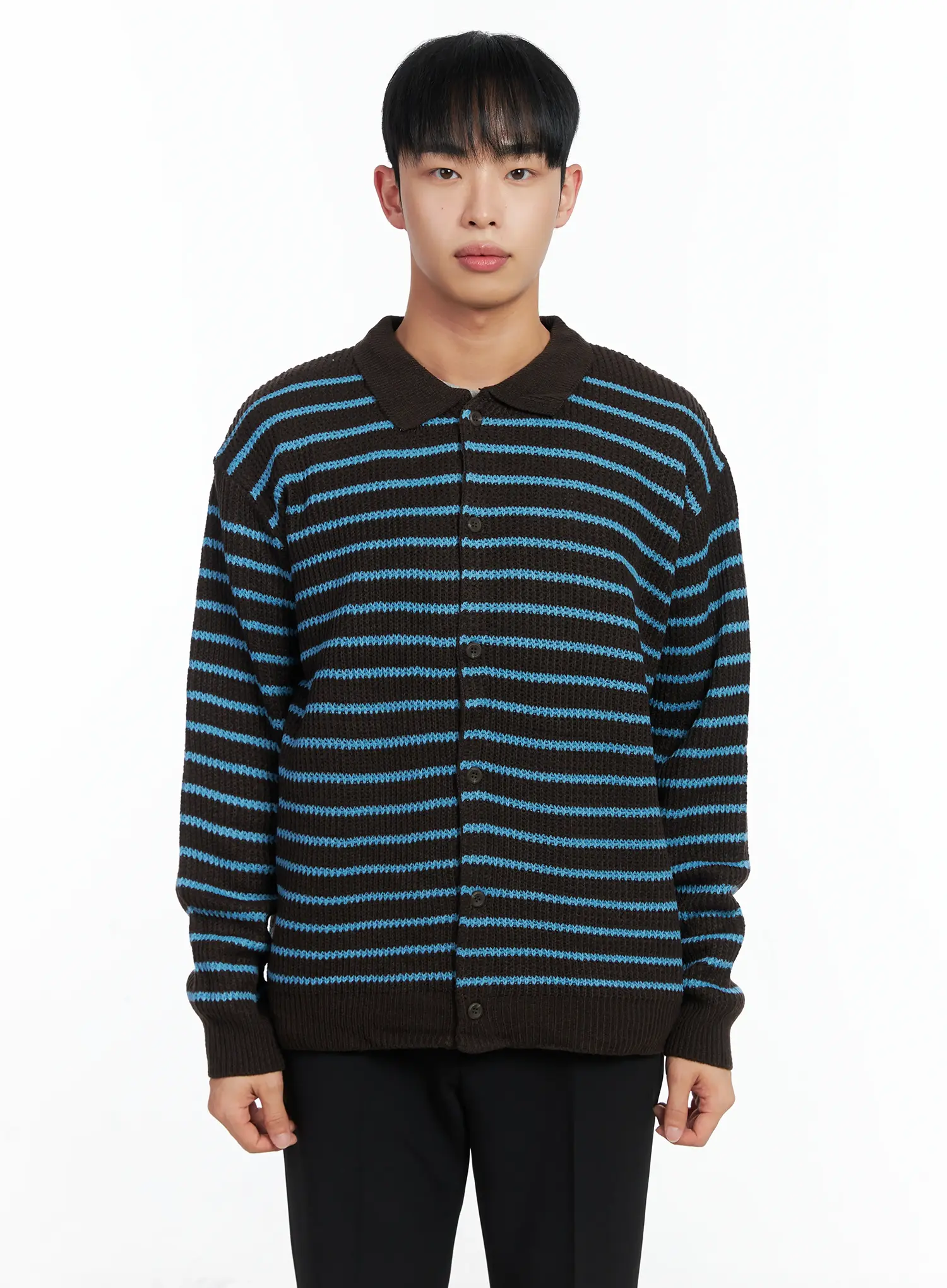 Men's Stripe Knit Collared Cardigan IN518 - Image 11