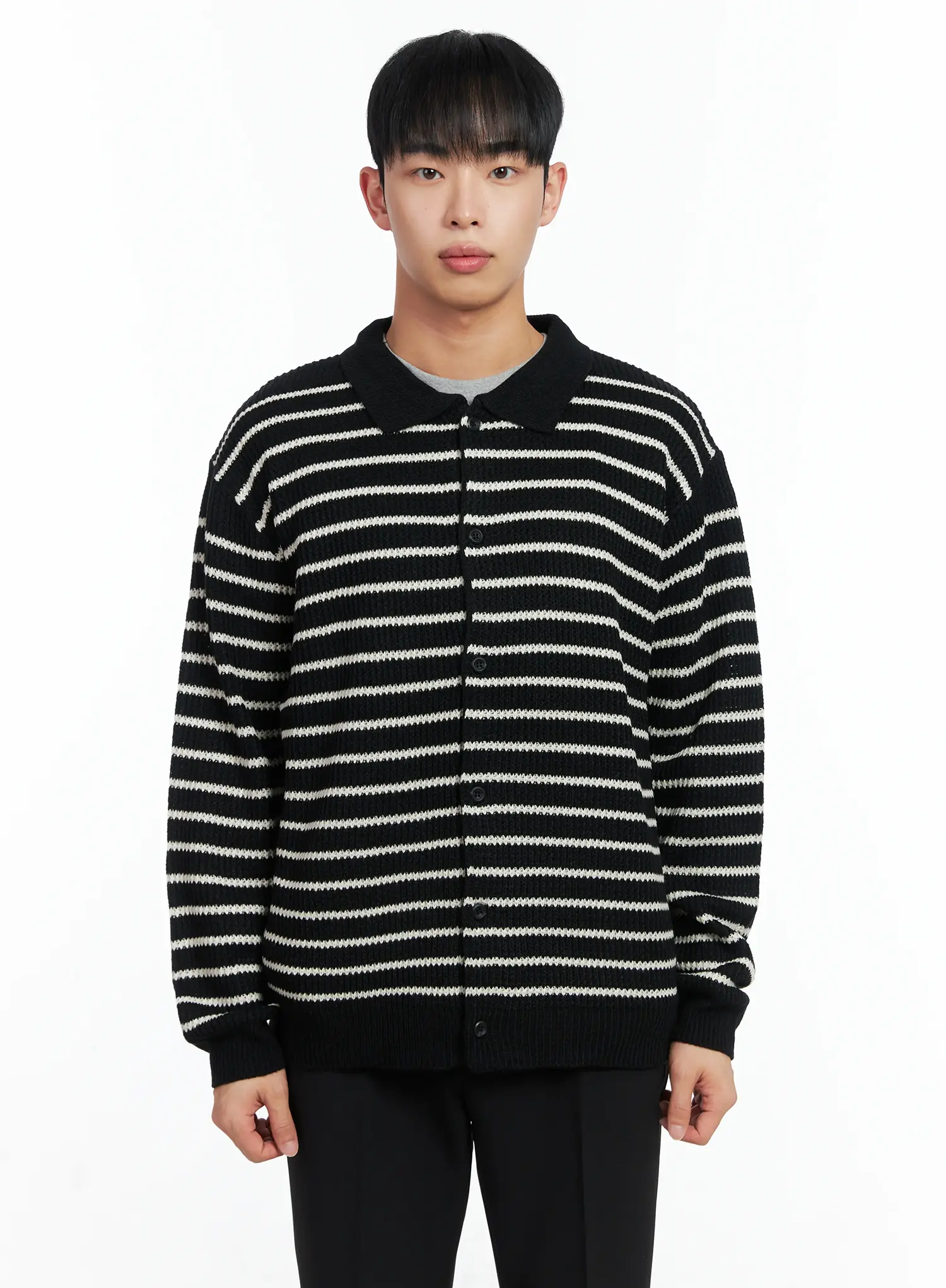 Men's Stripe Knit Collared Cardigan IN518 - Image 13
