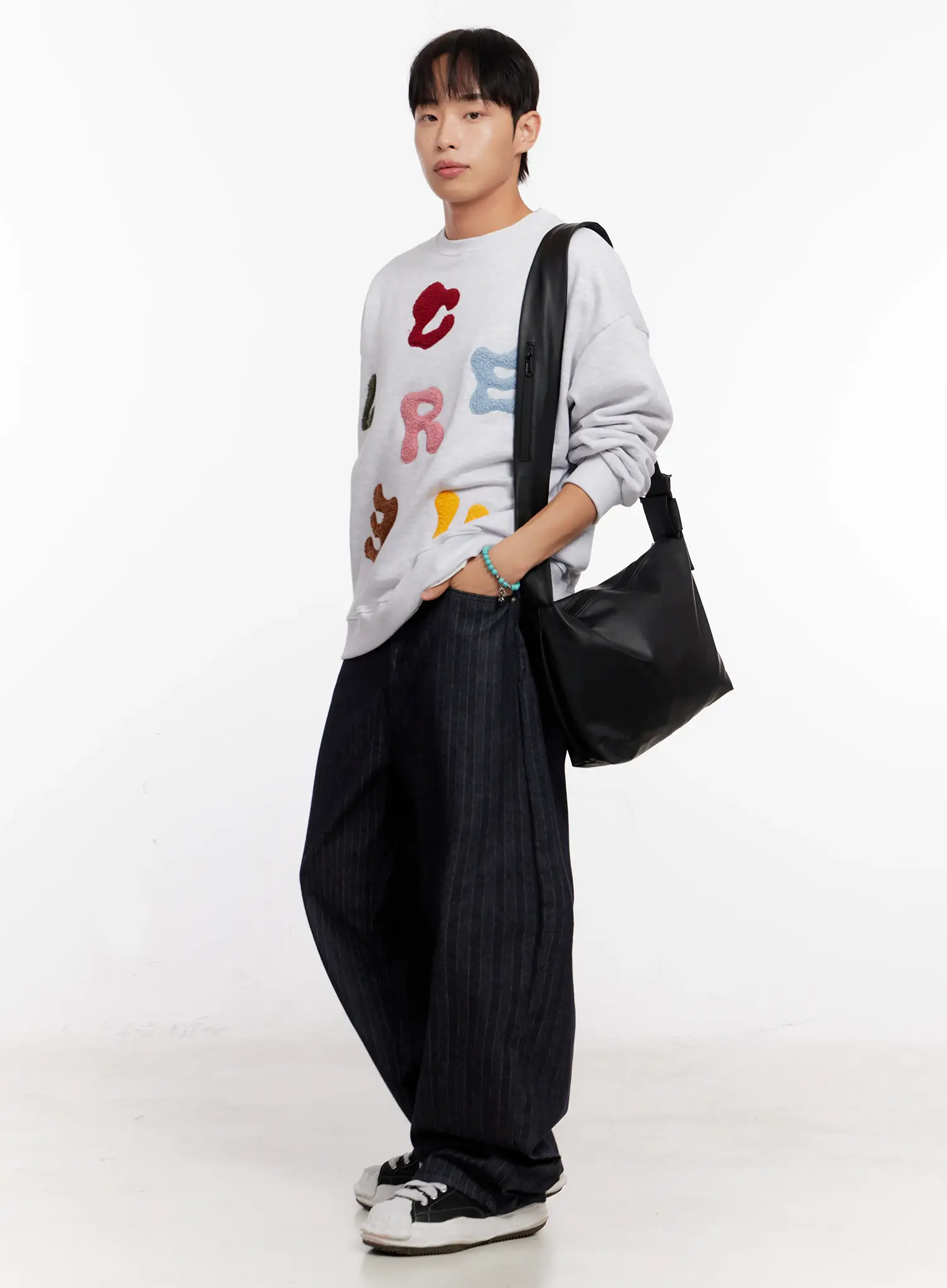 Men's Stripe Wide-Leg Jeans with Patch Detail IO523 - Image 9