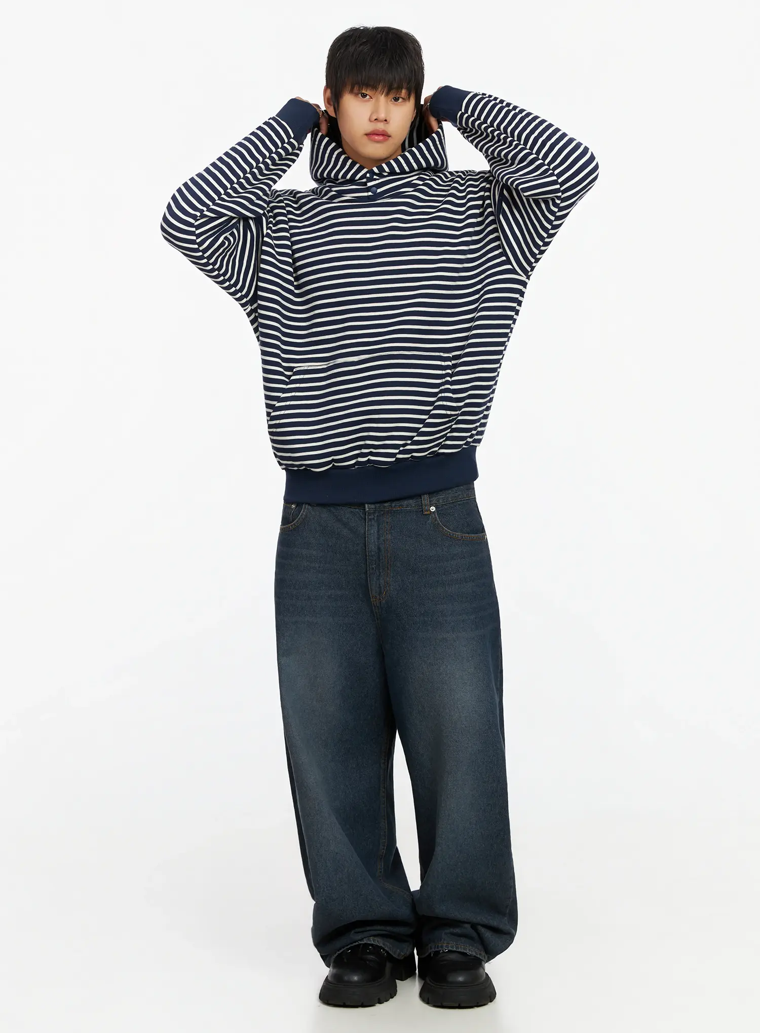Men's Striped Button Neck Hoodie IF503 - Image 7