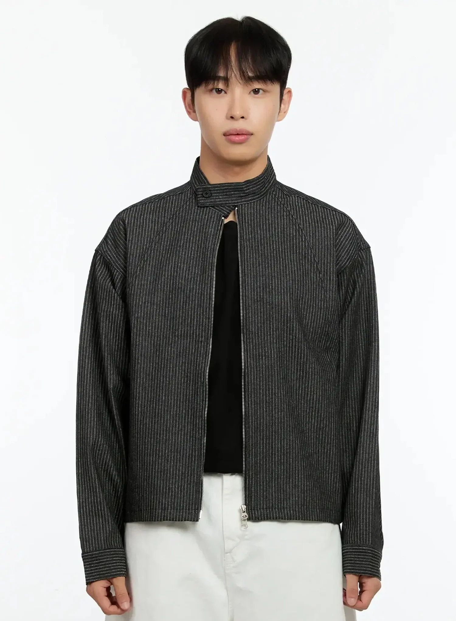 Men's Striped Denim Band-Collar Jacket IN525 - Image 15