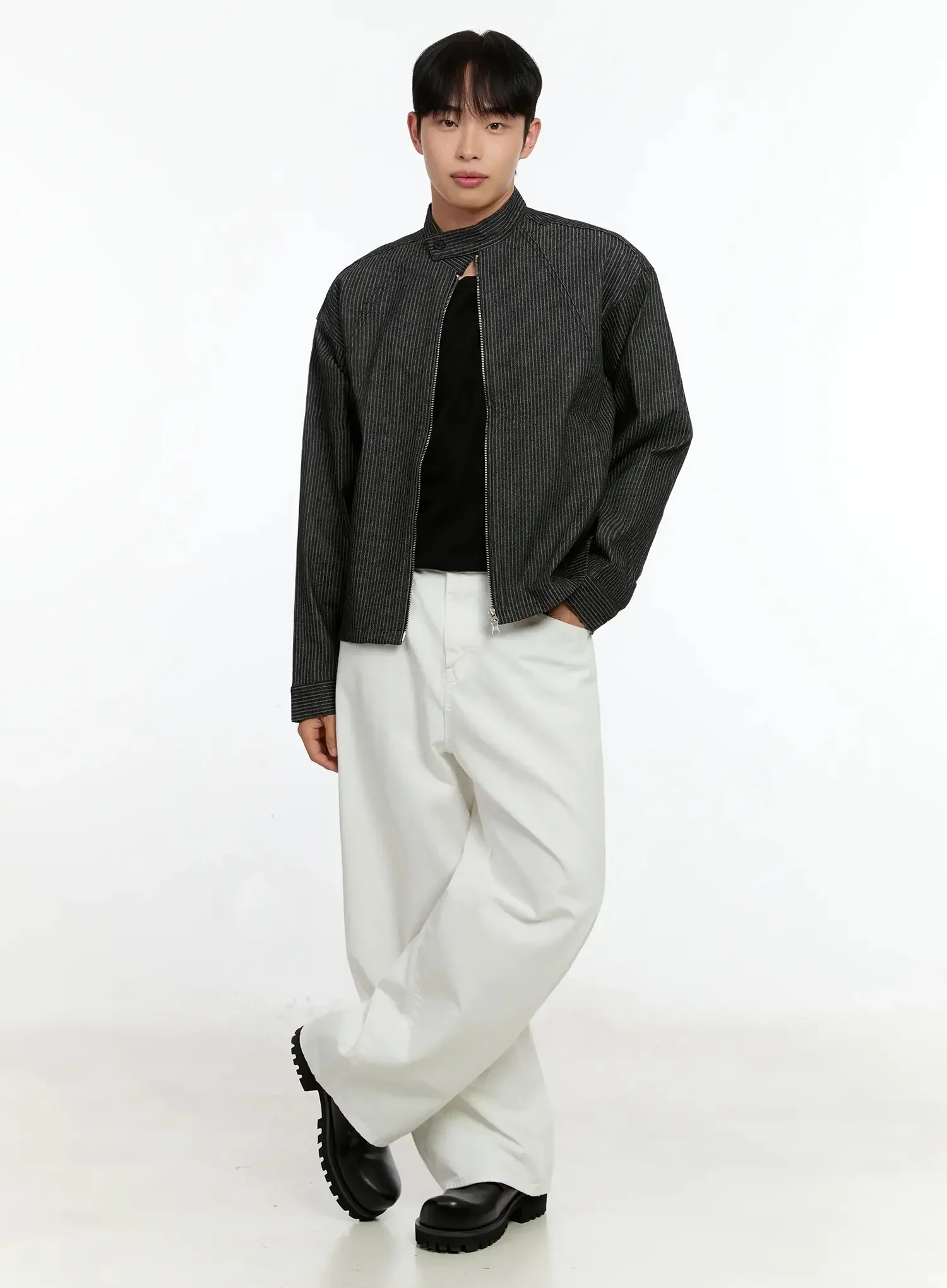 Men's Striped Denim Band-Collar Jacket IN525 - Image 4