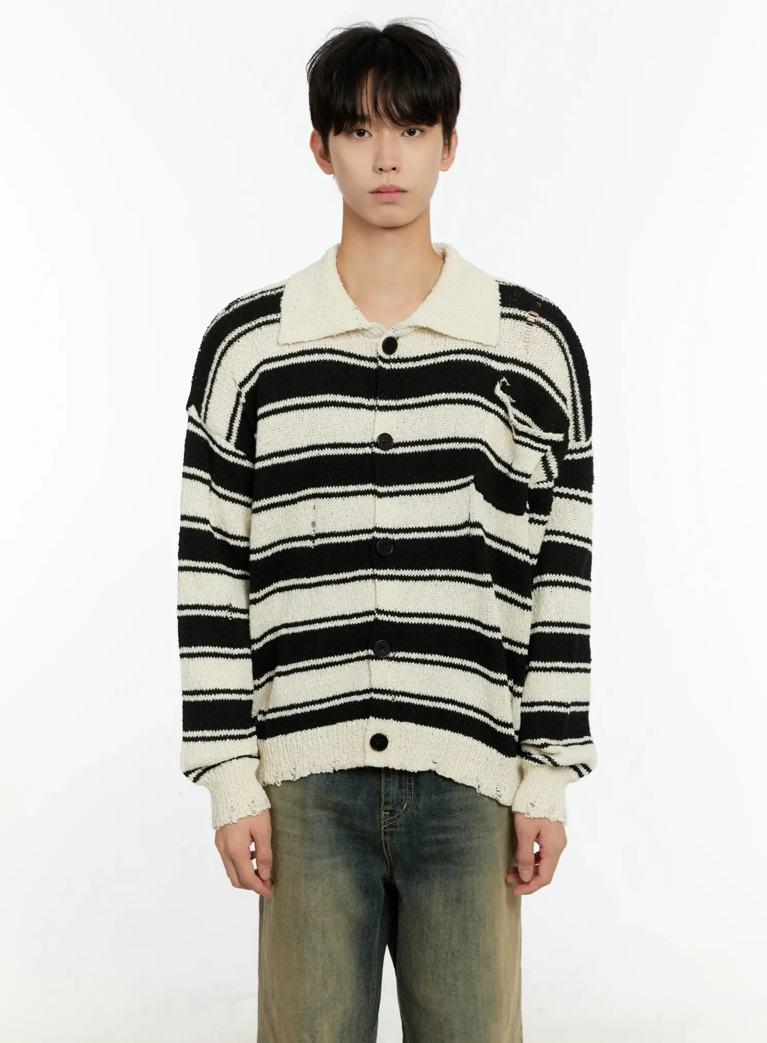 Men's Striped Distressed Collared Cardigan IN503 - Image 13