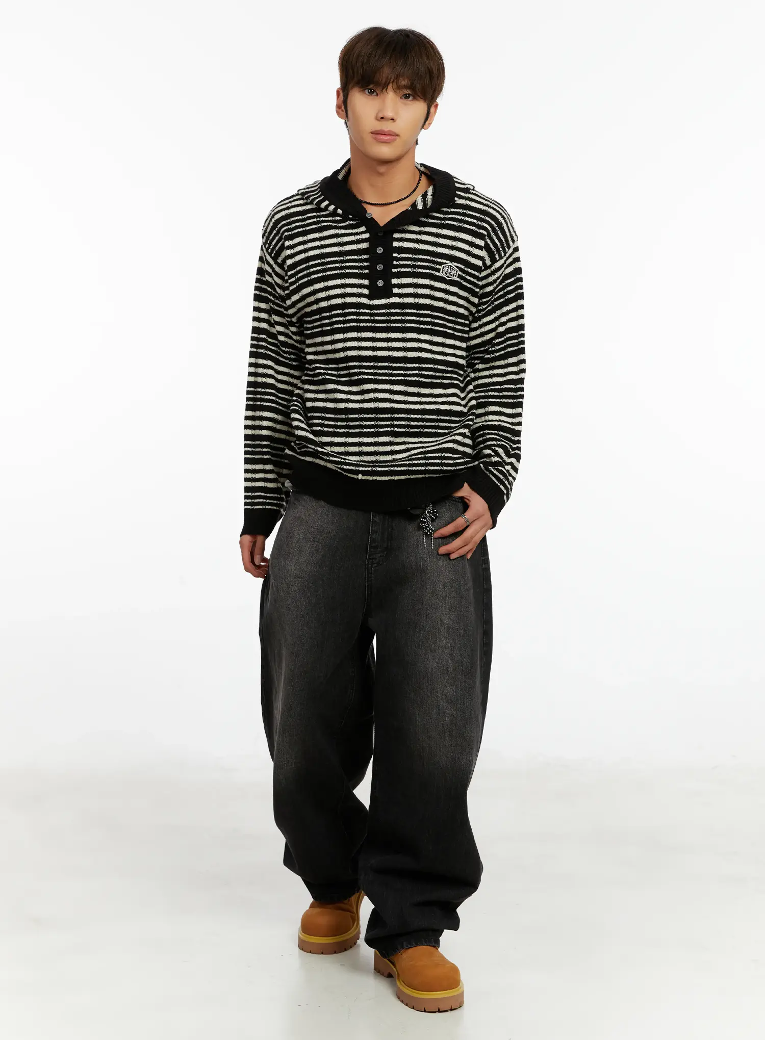 Men's Striped Henley Knit Hoodie ID524 - Image 9