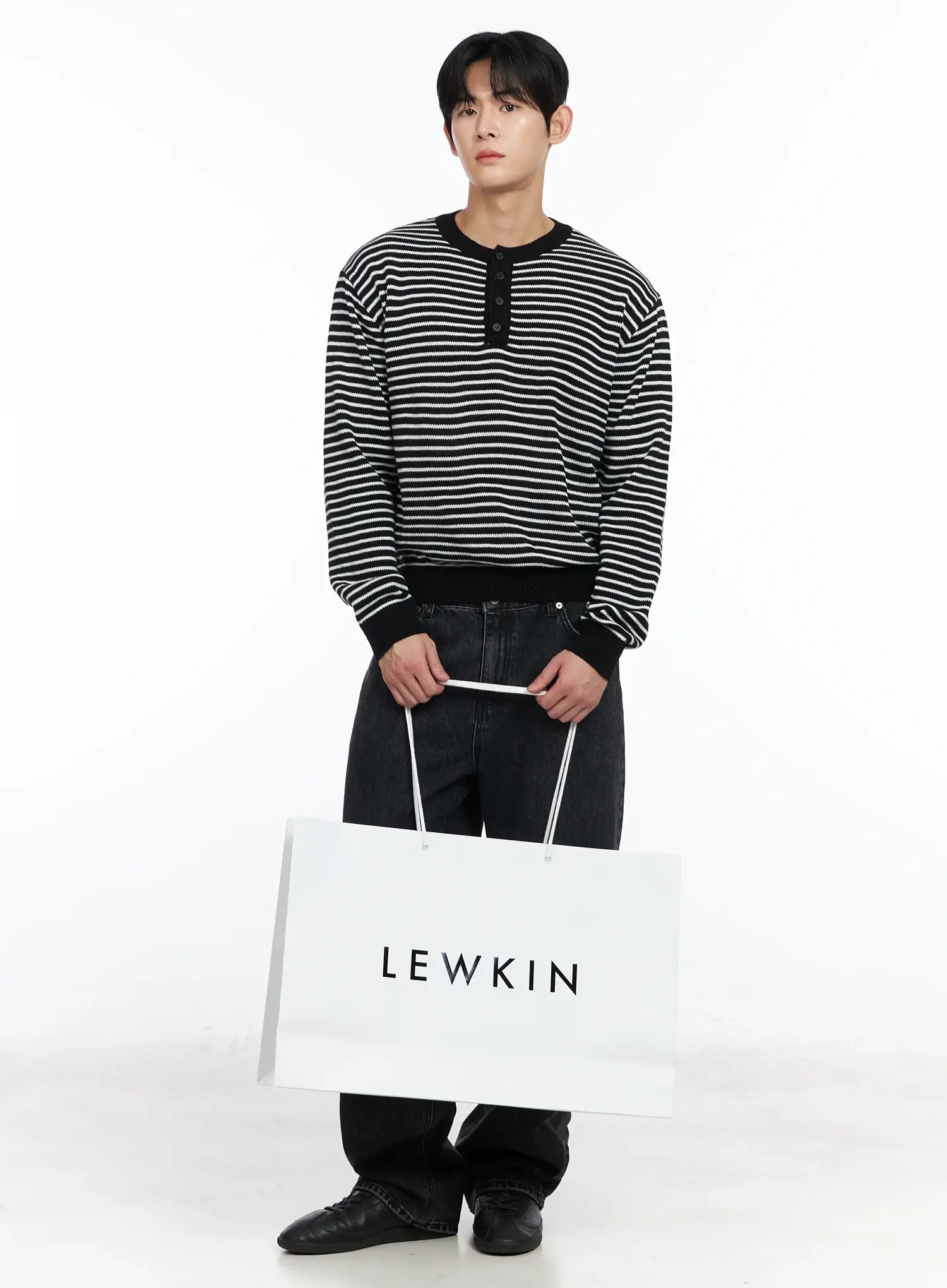 Men's Striped Henley Knit Sweater IM518