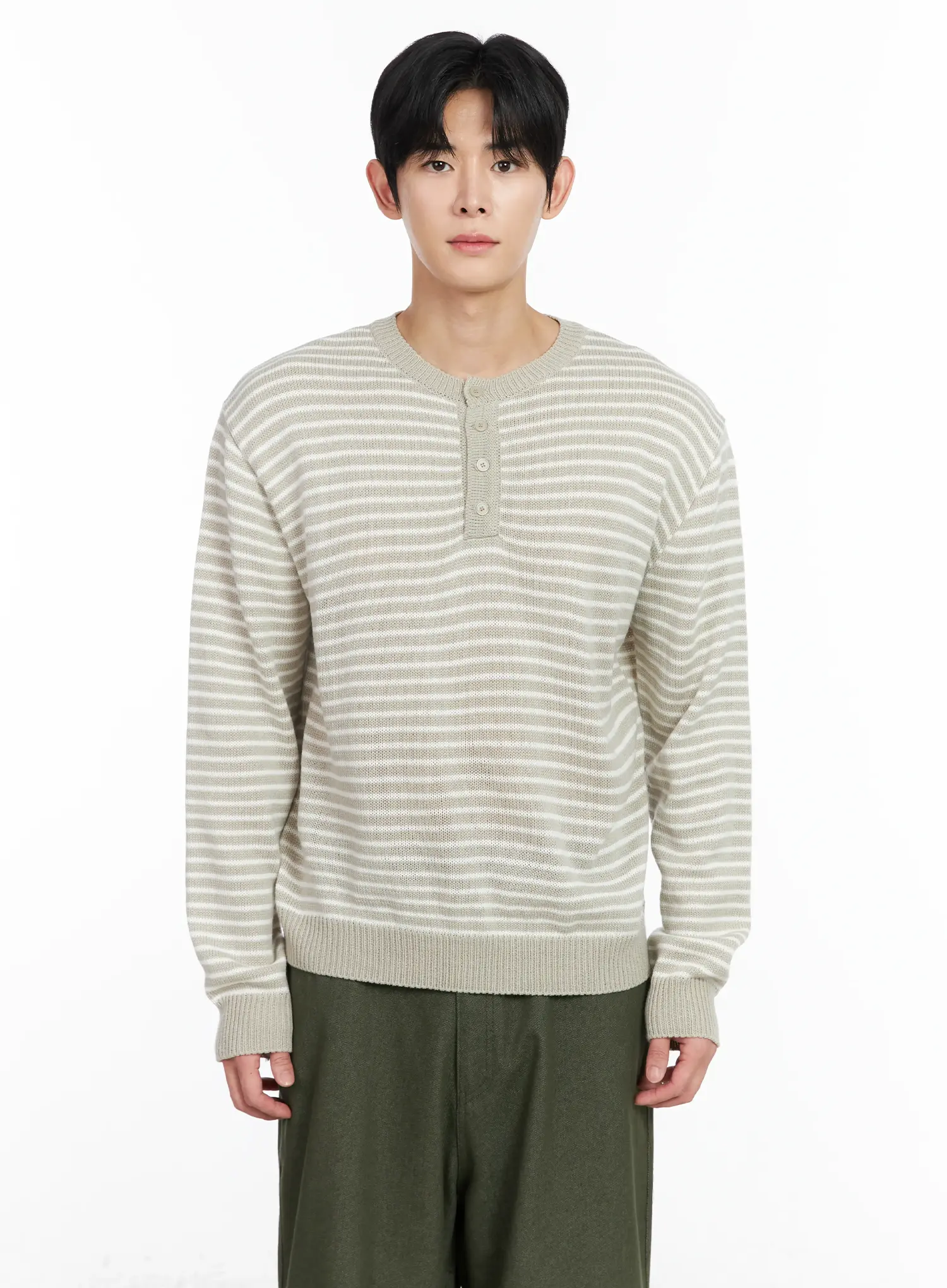 Men's Striped Henley Knit Sweater IM518 - Image 10