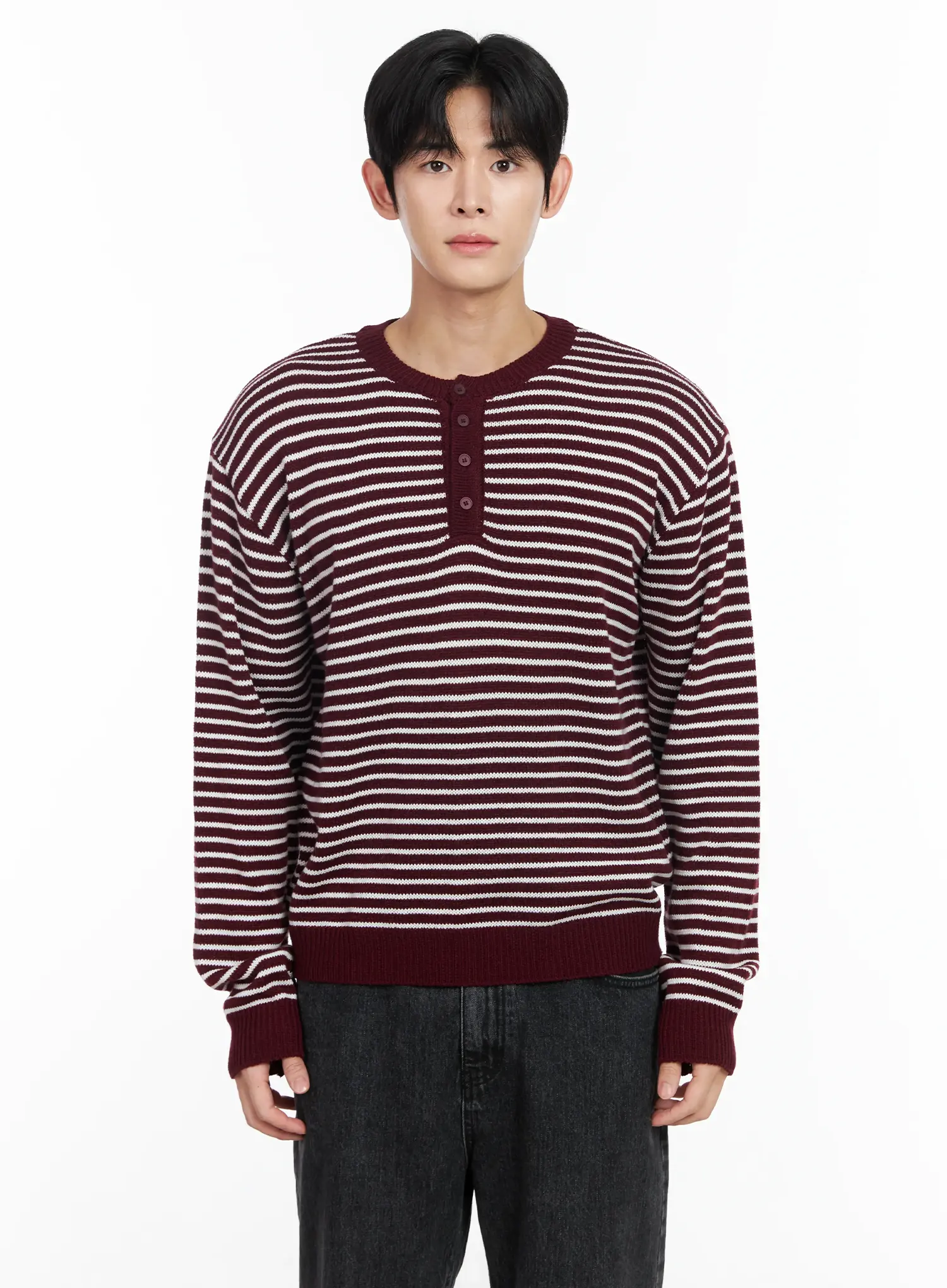 Men's Striped Henley Knit Sweater IM518 - Image 11