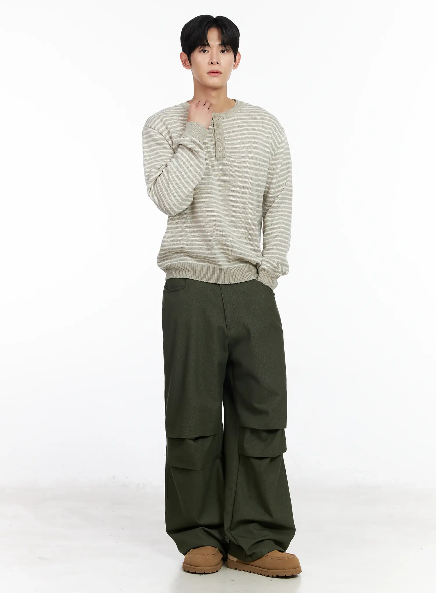 Men's Striped Henley Knit Sweater IM518 - Image 2