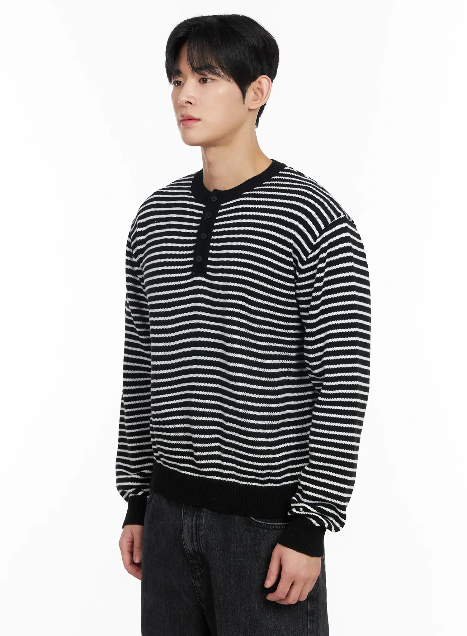 Men's Striped Henley Knit Sweater IM518 - Image 4