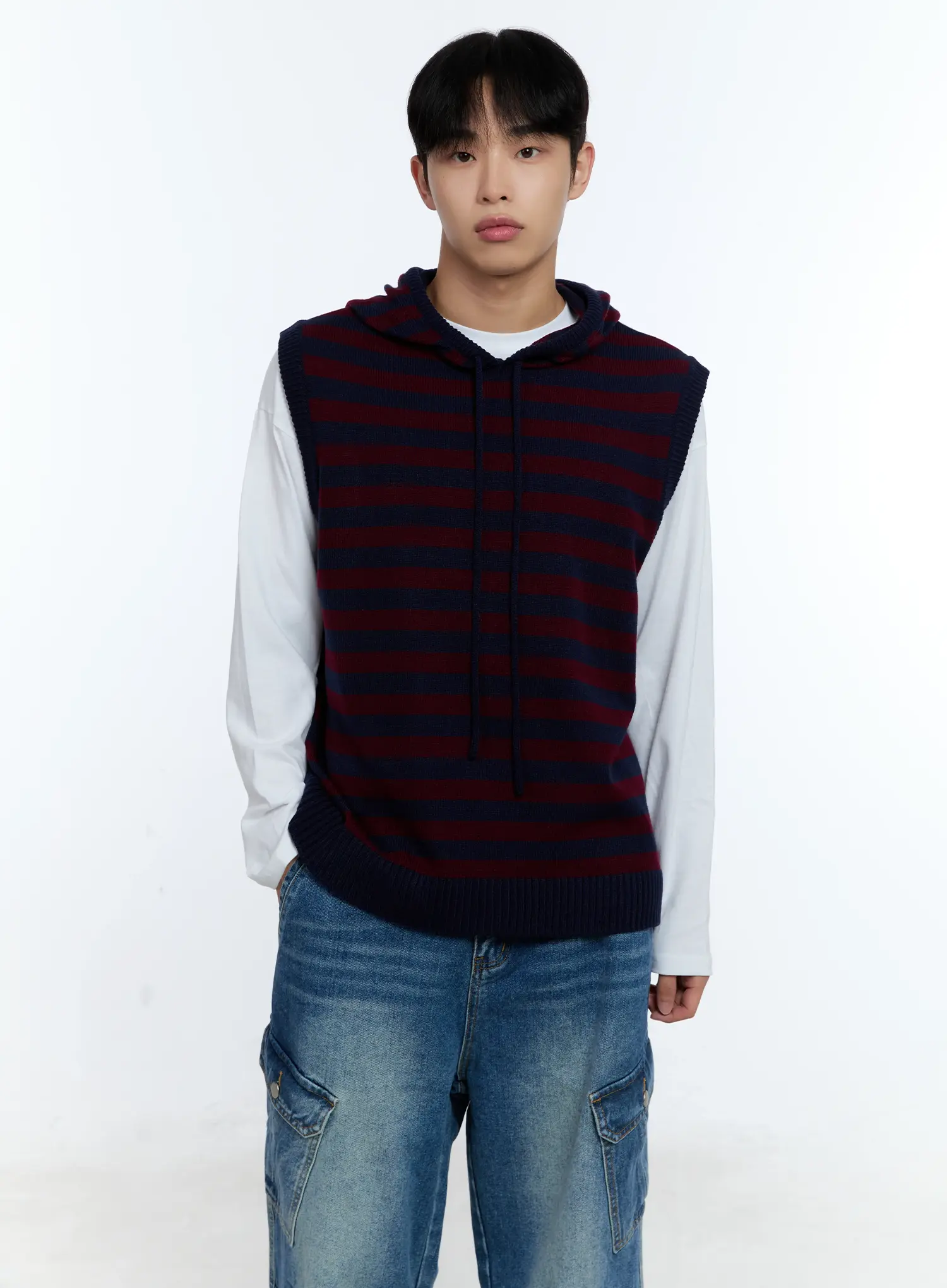 Men's Striped Knit Sleeveless Hoodie IG515 - Image 3