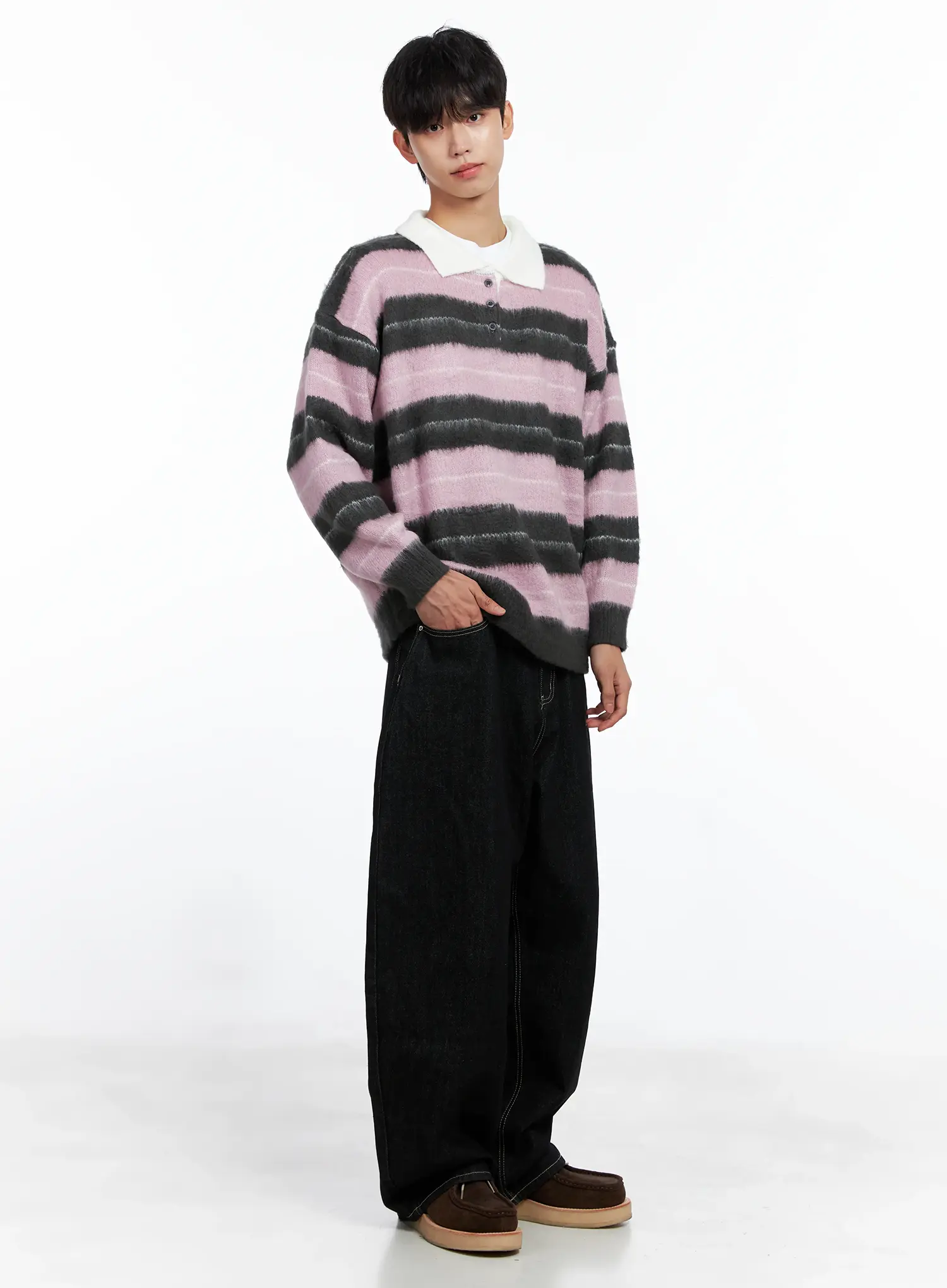 Men's Striped Knit Sweater (Light Pink) IS519 - Image 9