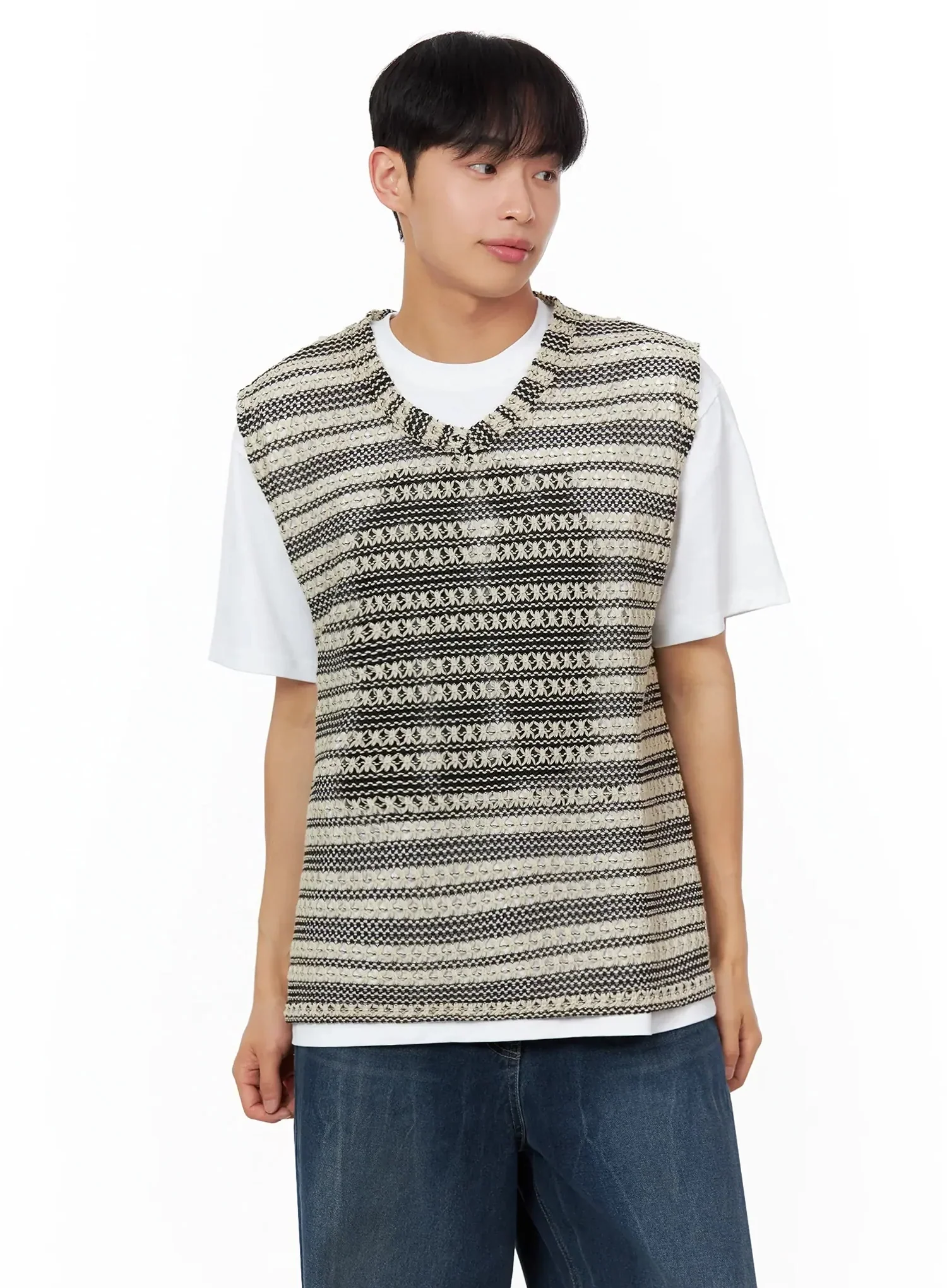 Men's Striped Knit V-Neck Vest IL516 - Image 2