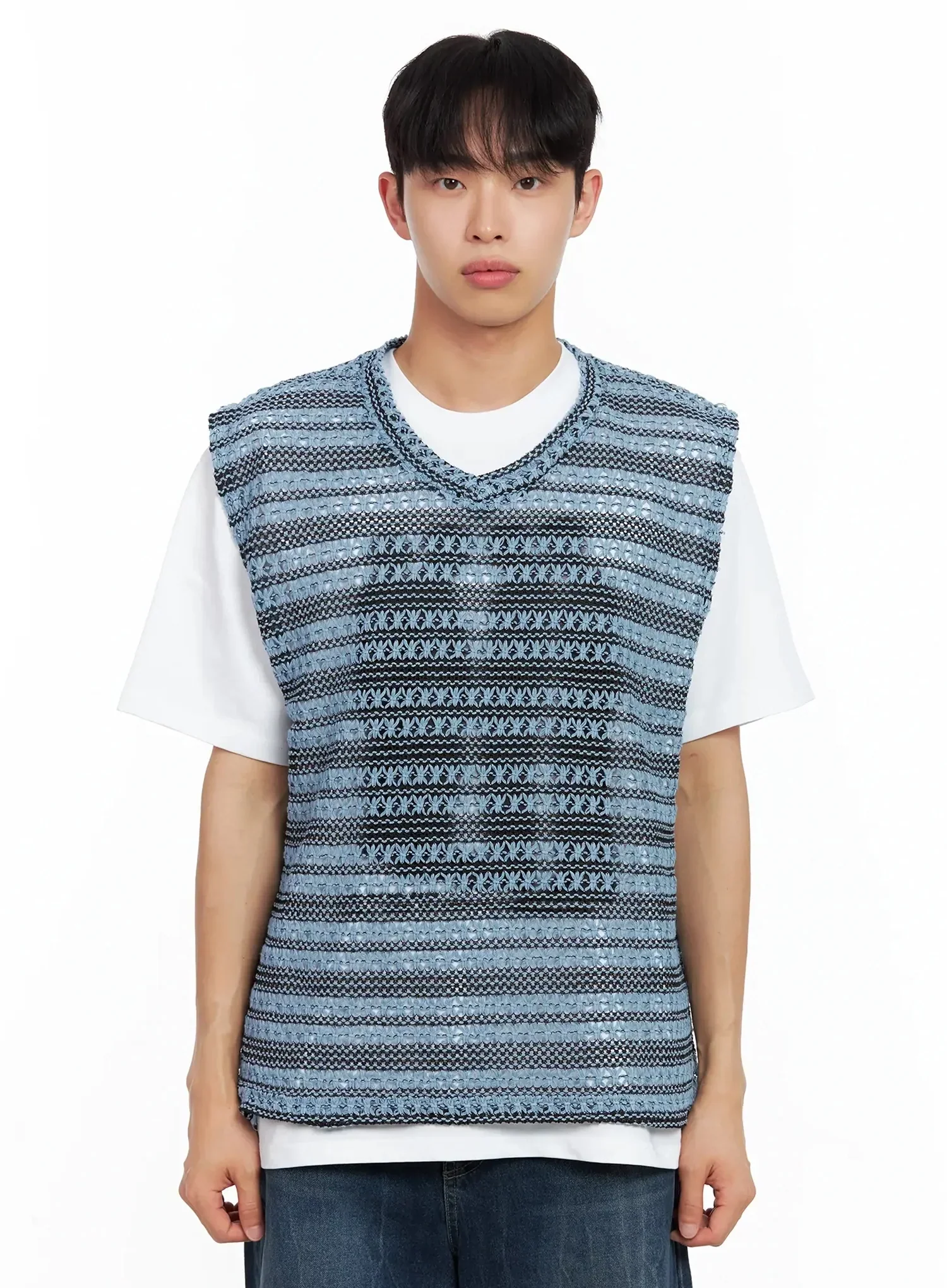 Men's Striped Knit V-Neck Vest IL516 - Image 21