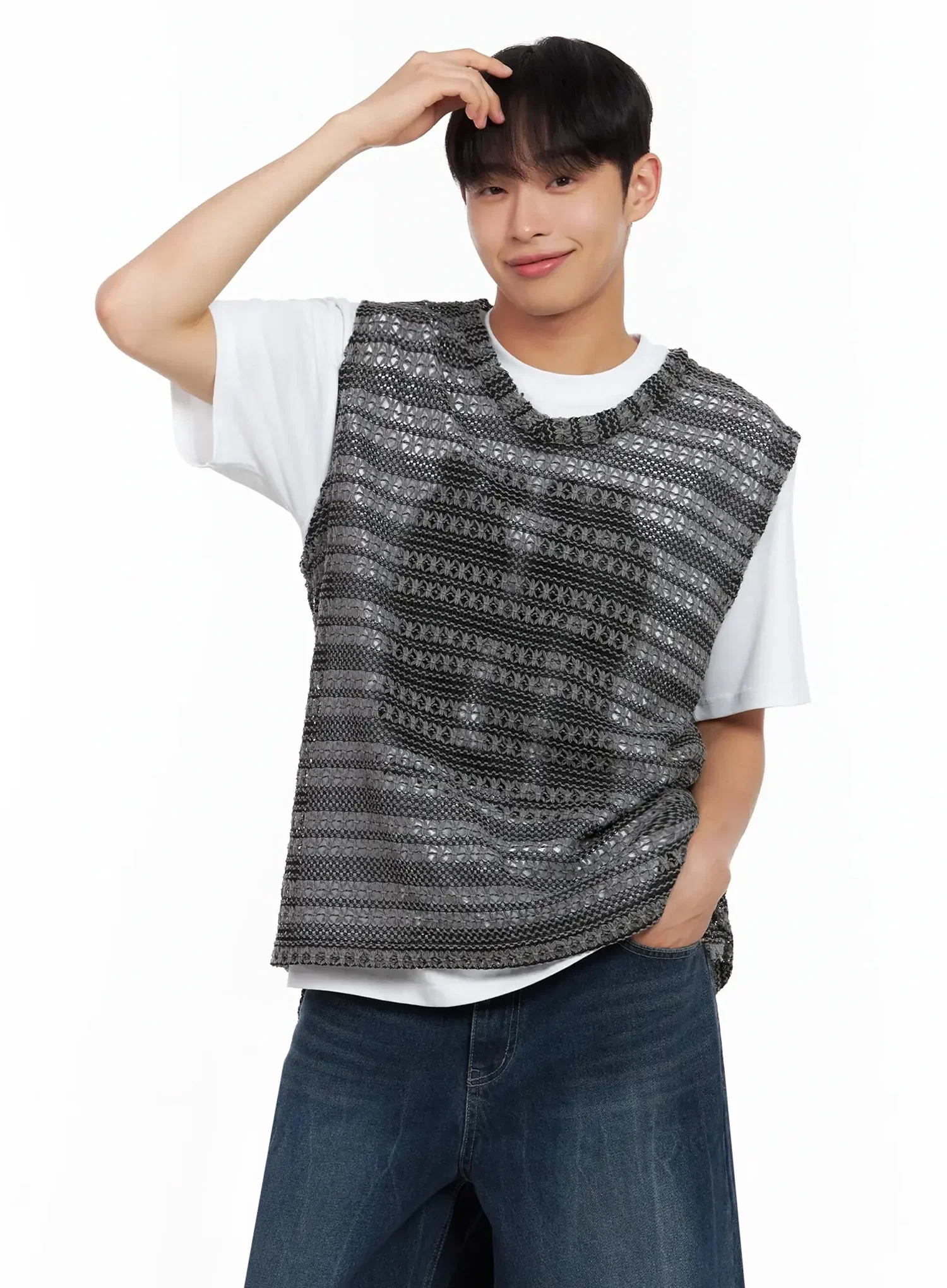 Men's Striped Knit V-Neck Vest IL516 - Image 9
