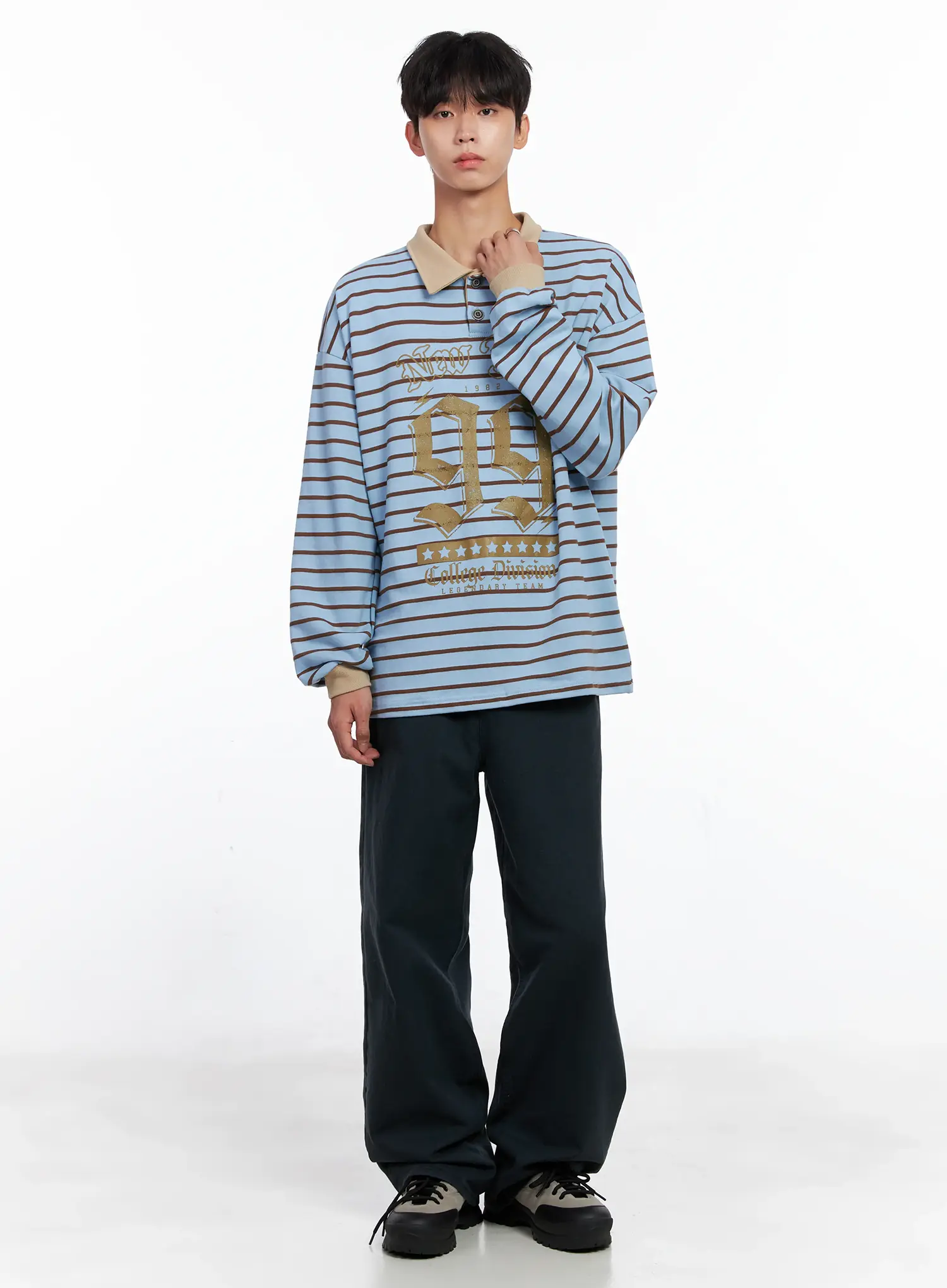 Men's Striped Polo Long Sleeve Top Is519 - Image 2