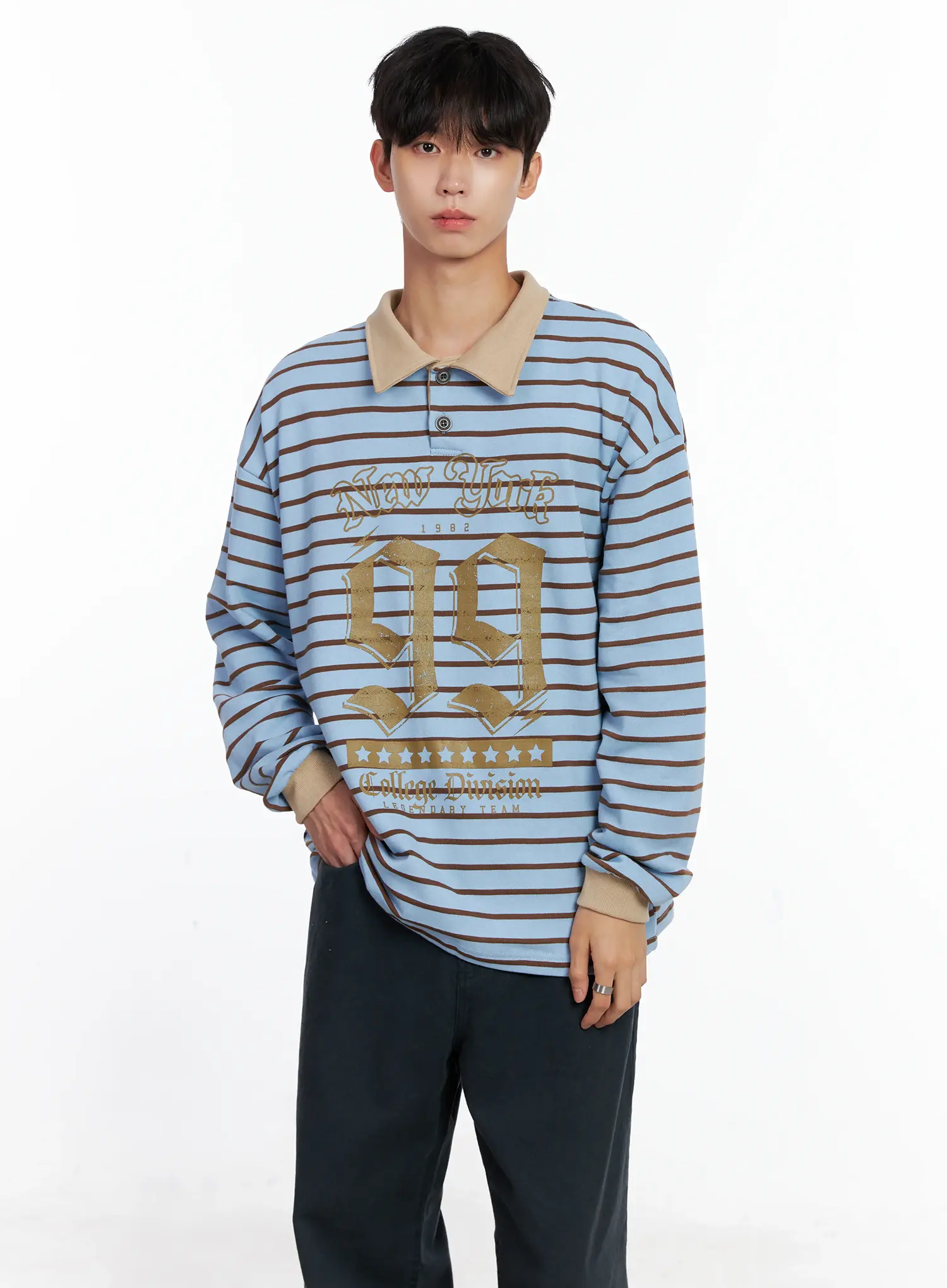 Men's Striped Polo Long Sleeve Top Is519 - Image 7