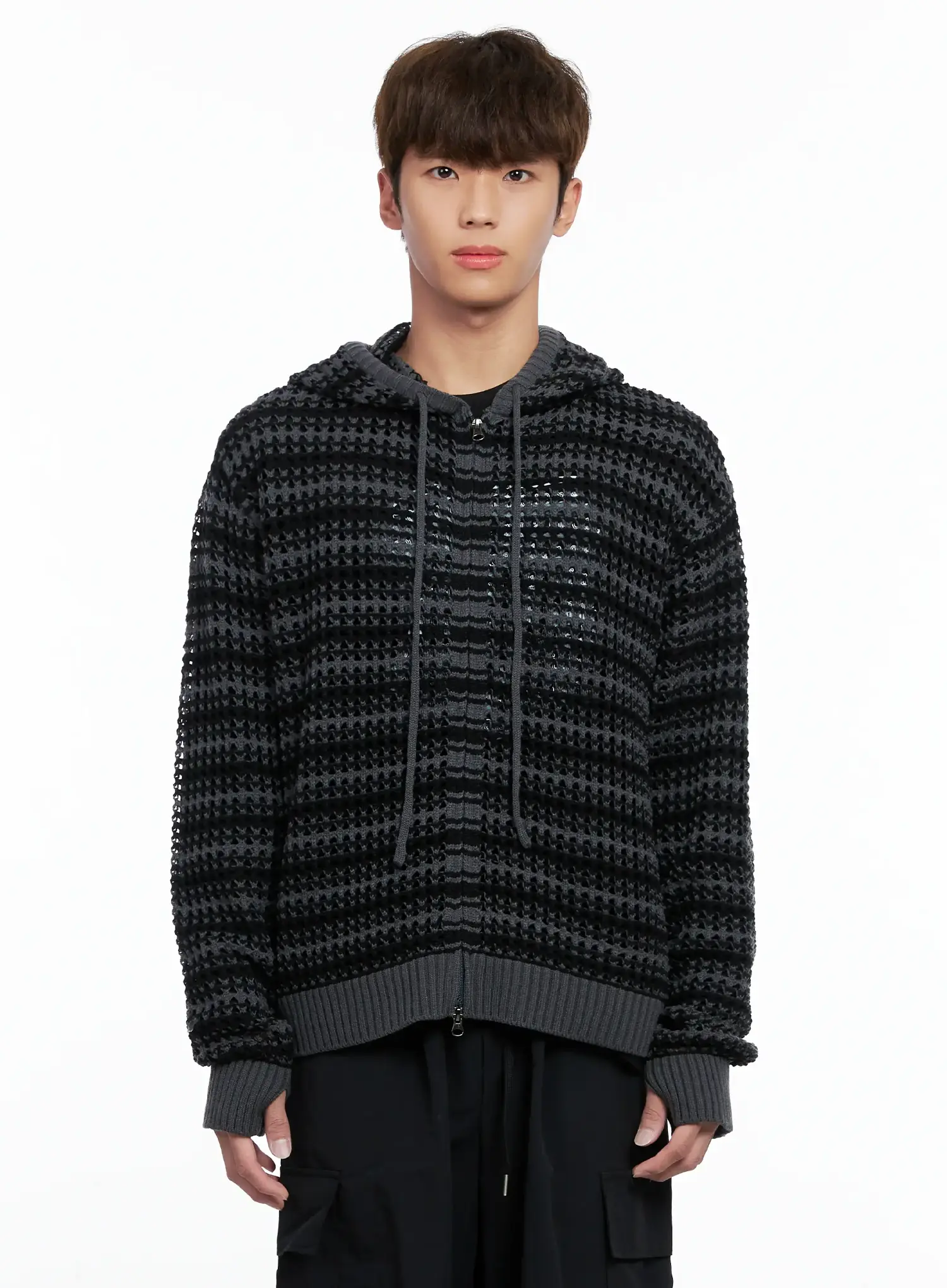 Men's Striped Textured Double Zip-Up Hoodie IO506 - Image 12