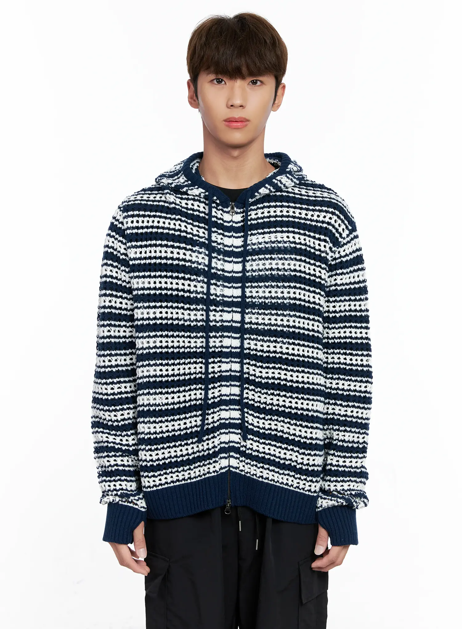 Men's Striped Textured Double Zip-Up Hoodie IO506 - Image 15