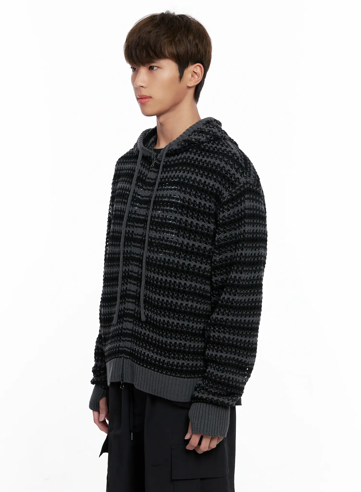 Men's Striped Textured Double Zip-Up Hoodie IO506 - Image 4