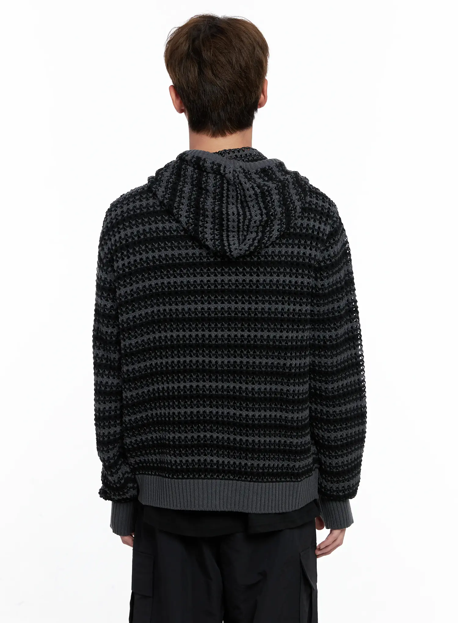Men's Striped Textured Double Zip-Up Hoodie IO506 - Image 5
