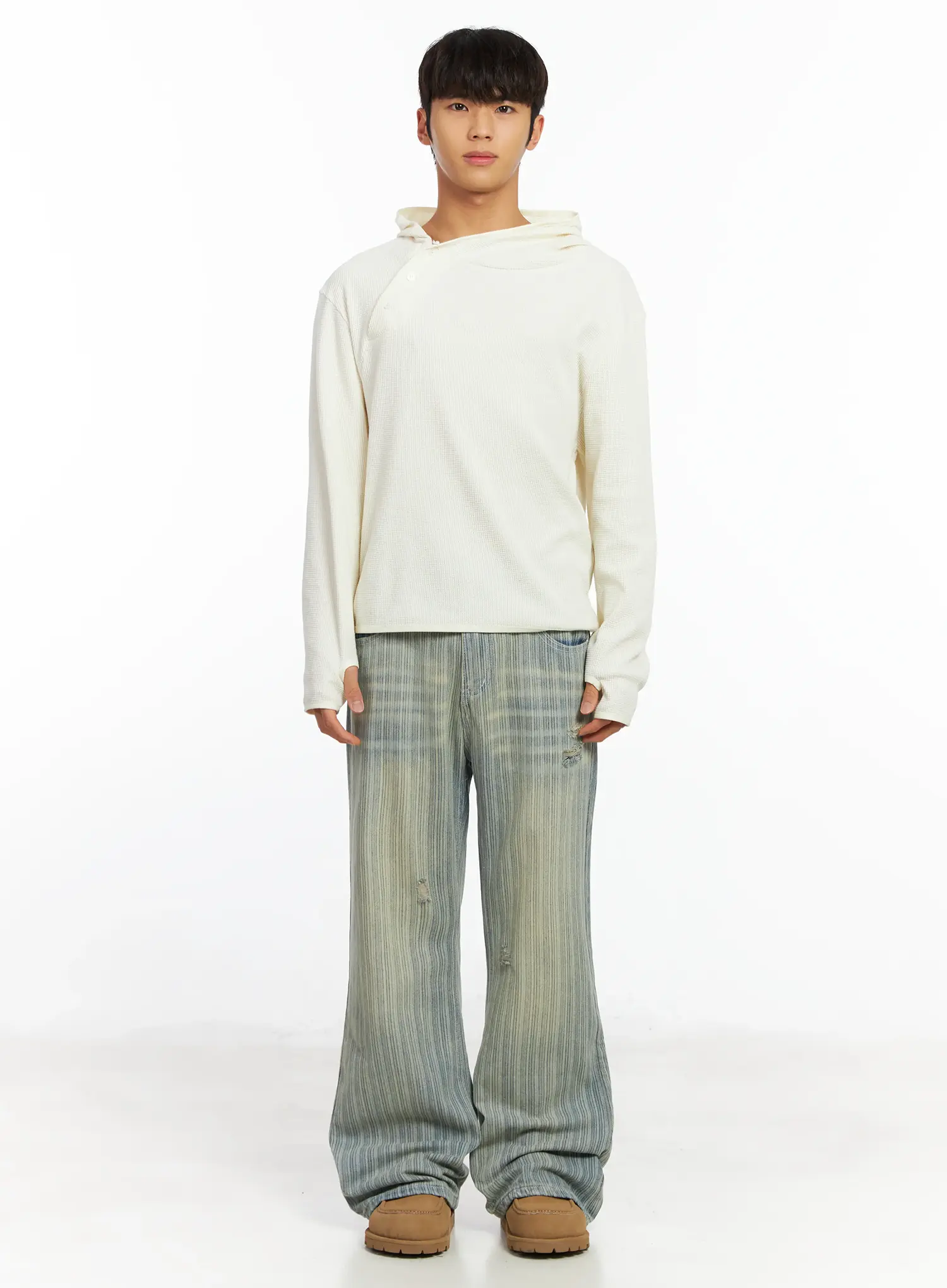 Men's Waffle Knit Henley Neck Hoodie IF504 - Image 3