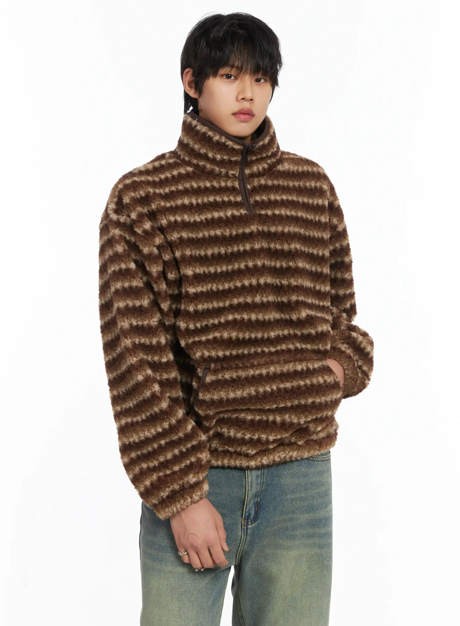Men's Warm Fleece Striped Quarter Zip-Up IJ512