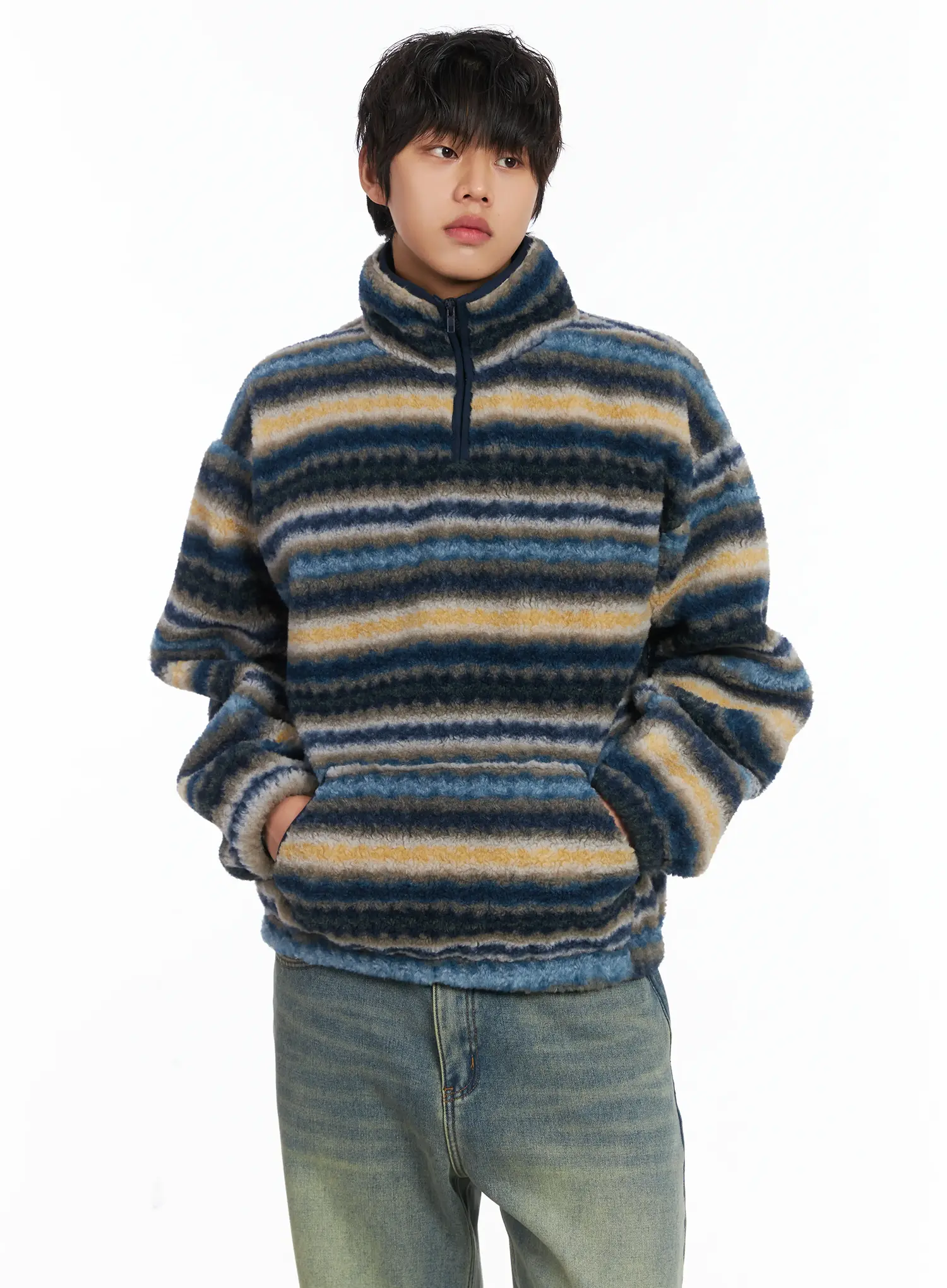 Men's Warm Fleece Striped Quarter Zip-Up IJ512 - Image 11