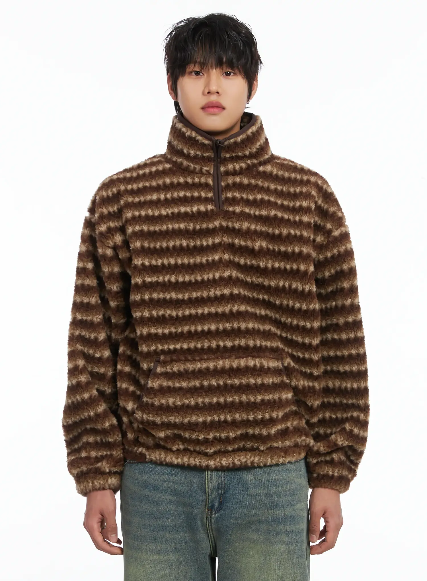 Men's Warm Fleece Striped Quarter Zip-Up IJ512 - Image 12