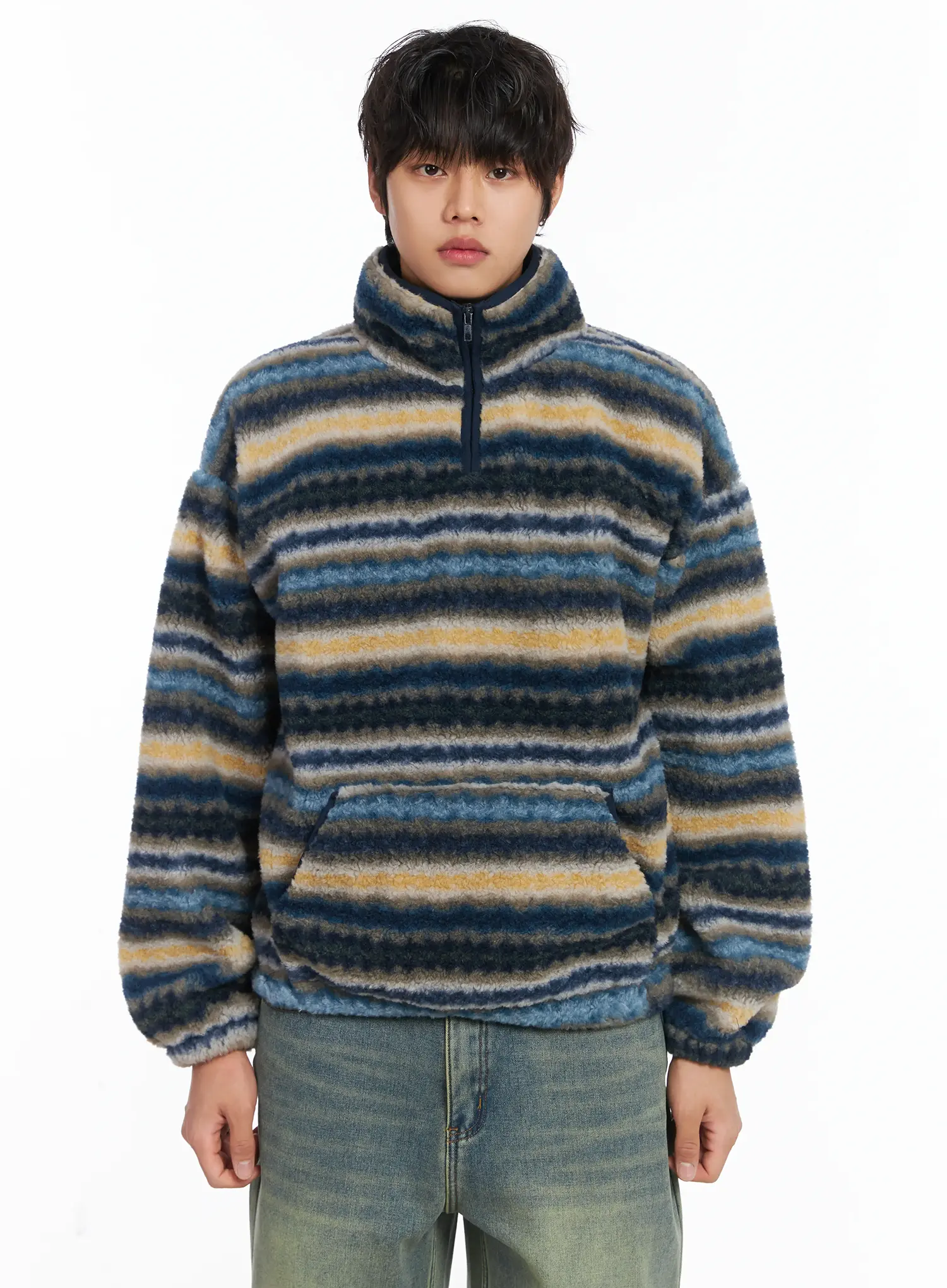 Men's Warm Fleece Striped Quarter Zip-Up IJ512 - Image 13