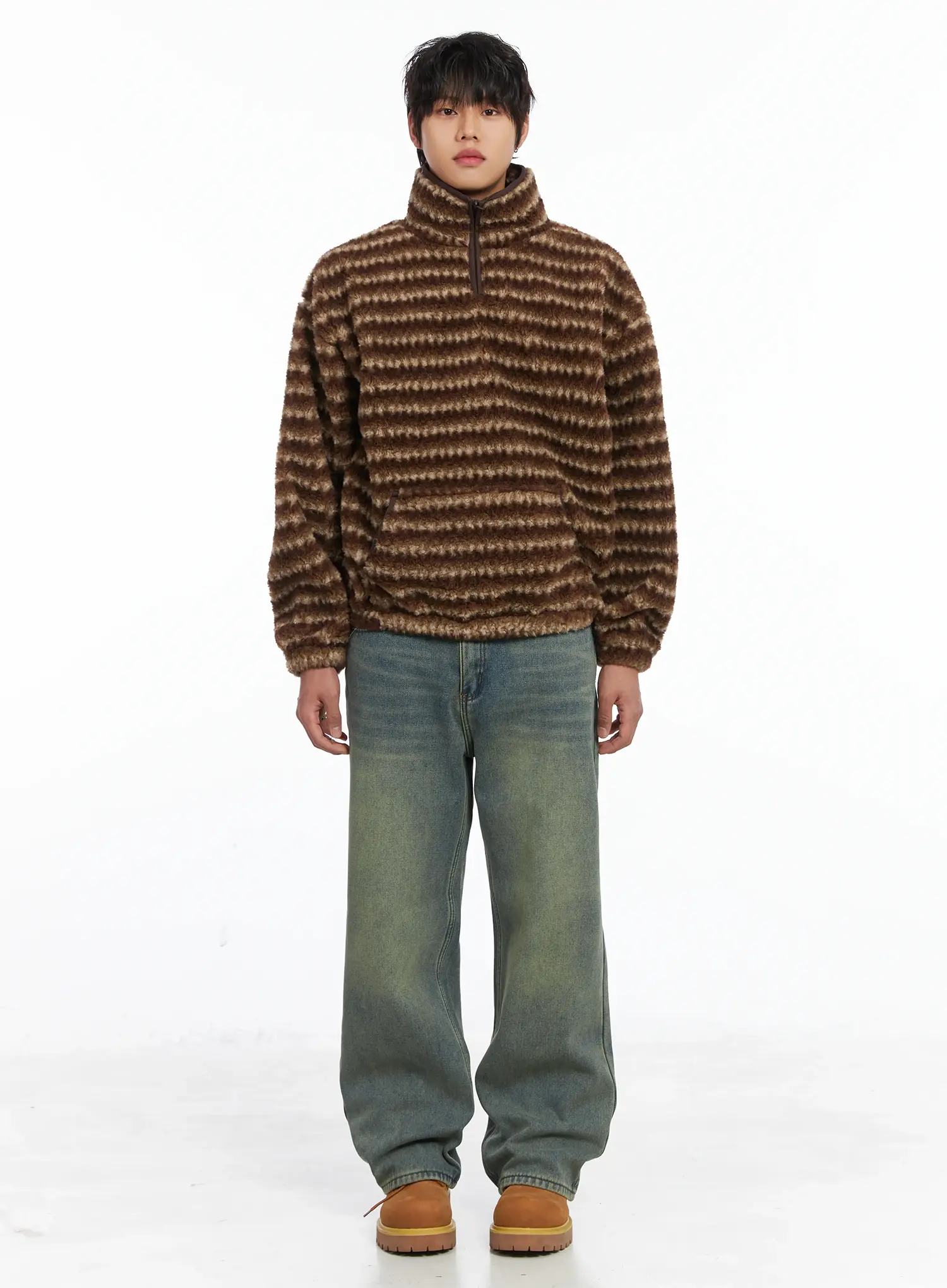 Men's Warm Fleece Striped Quarter Zip-Up IJ512 - Image 3