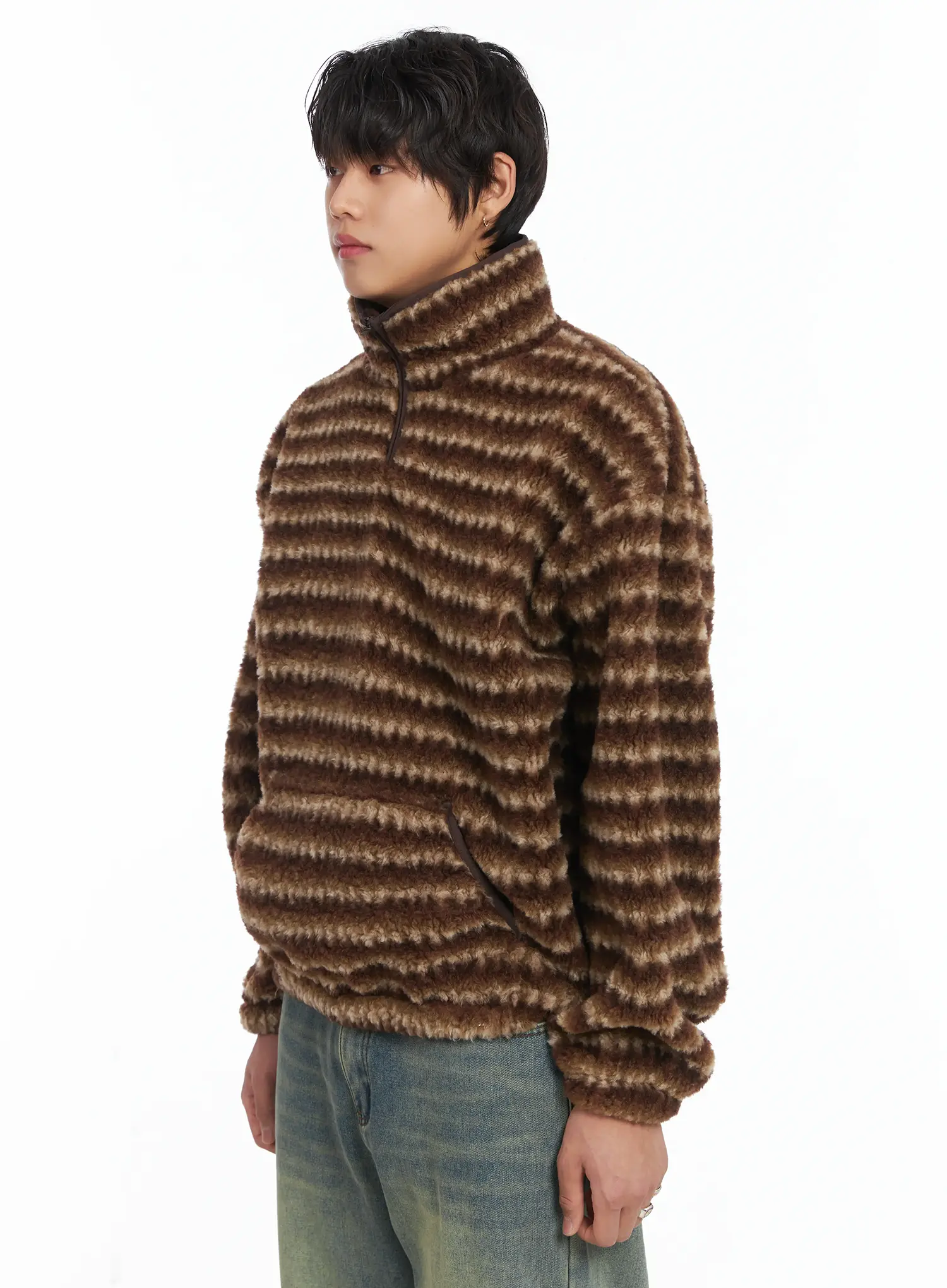 Men's Warm Fleece Striped Quarter Zip-Up IJ512 - Image 4