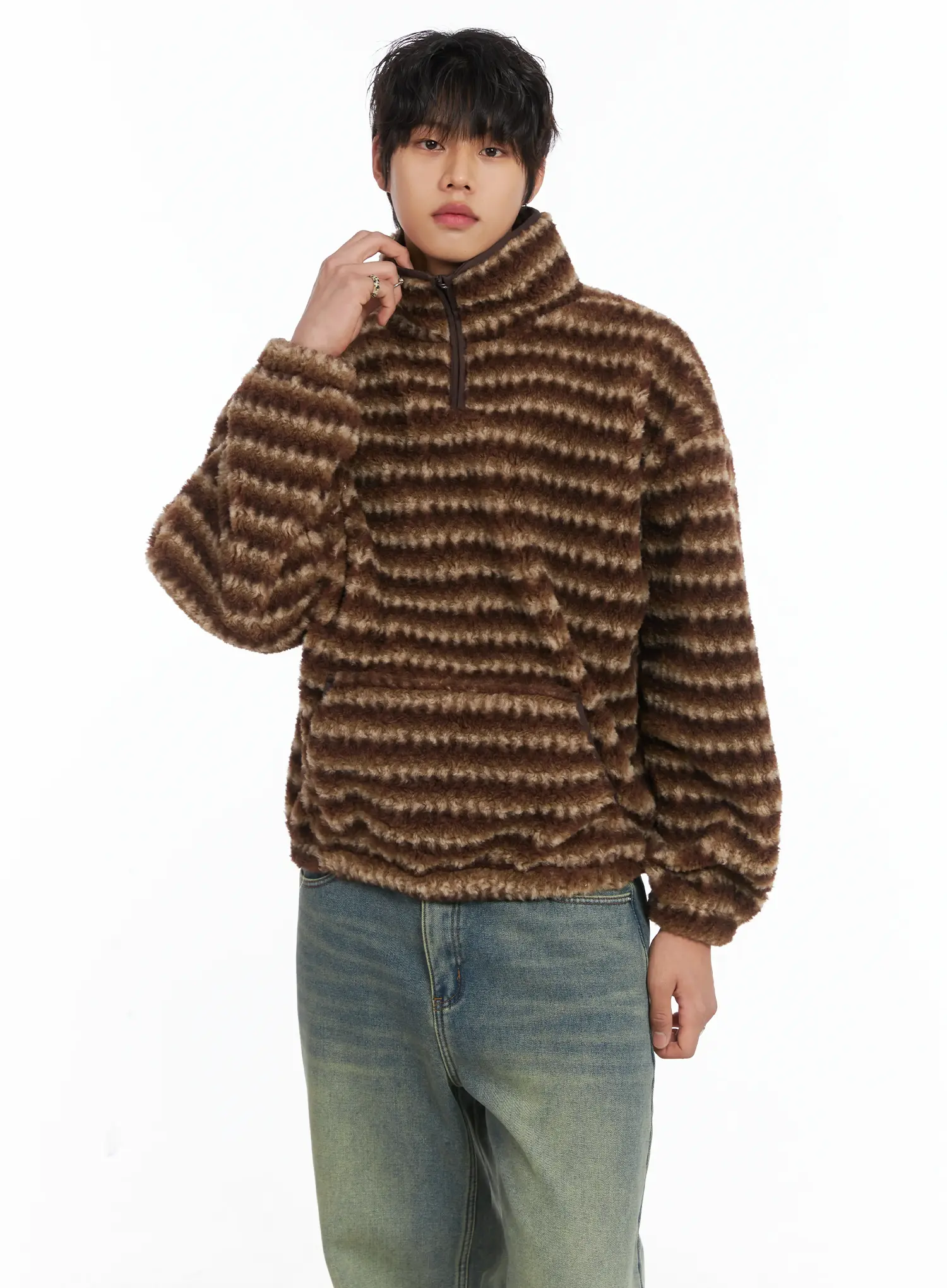 Men's Warm Fleece Striped Quarter Zip-Up IJ512 - Image 7