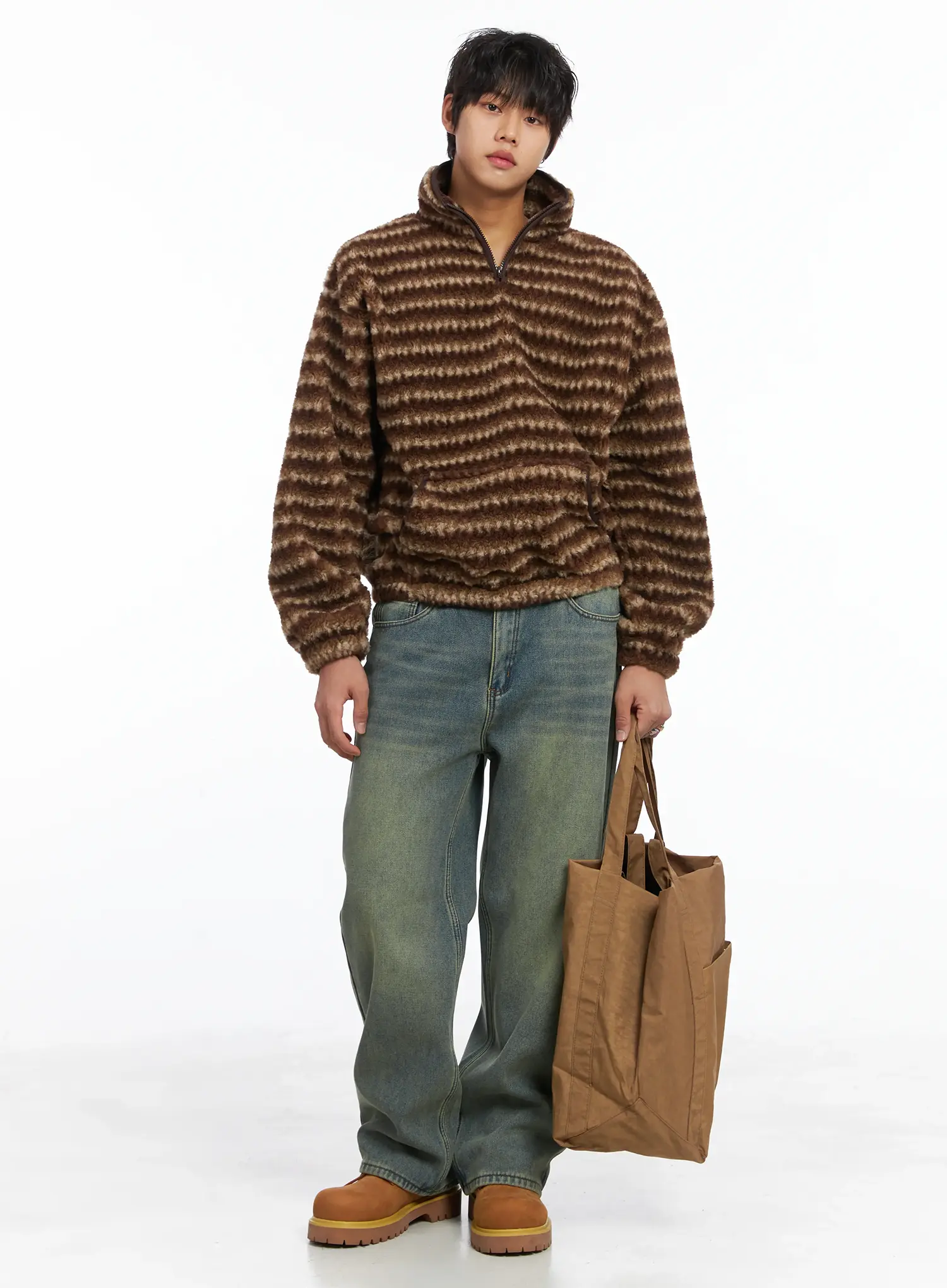 Men's Warm Fleece Striped Quarter Zip-Up IJ512 - Image 9