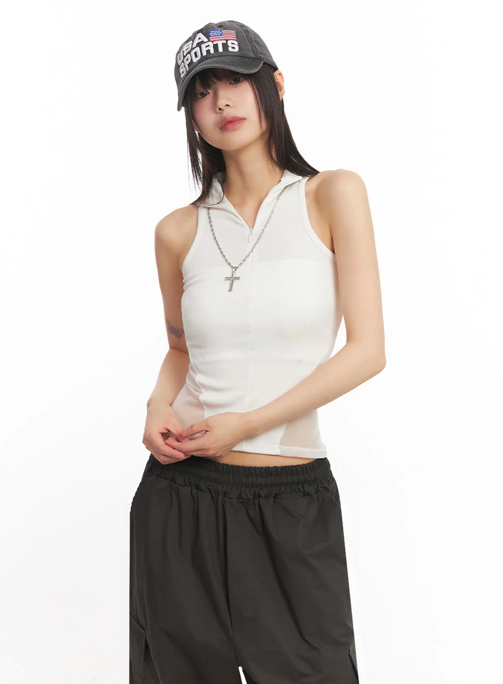 Mesh Sleeveless Collared Crop Top IY502 - Image 8