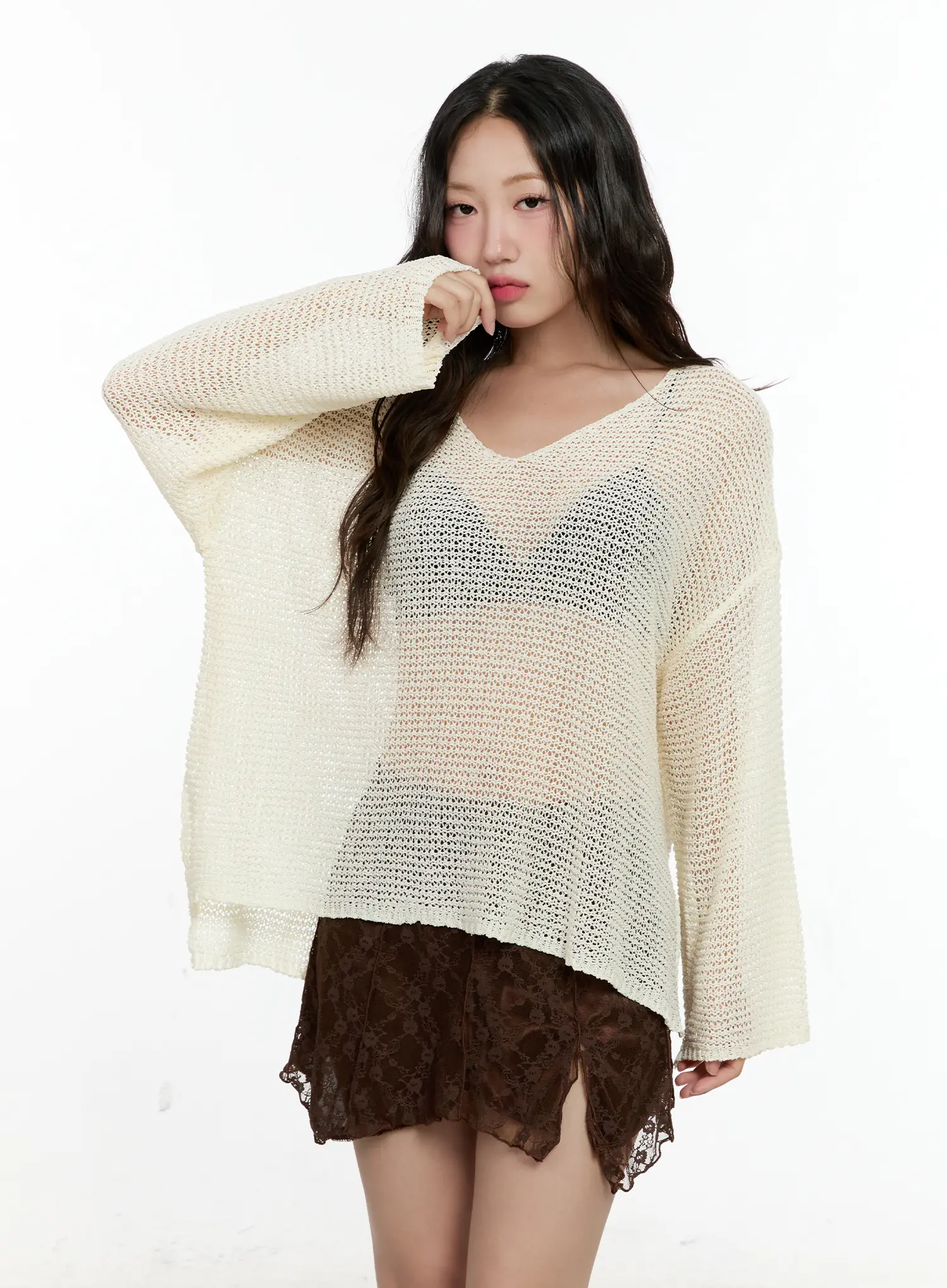 Mesh V-Neck Long-Sleeve Top CL531 - Image 6