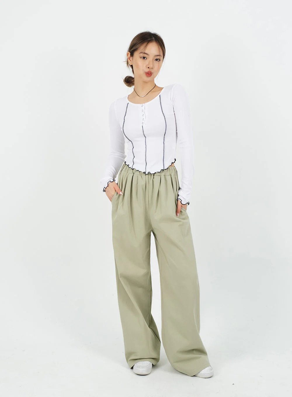 Mid-rise Wide Banded Cotton Pants CA08 - Image 15