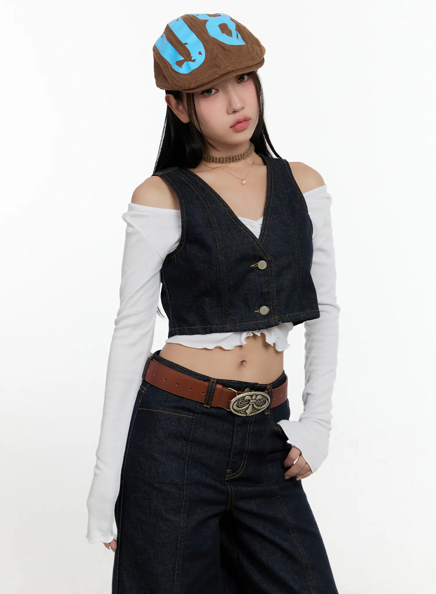 Non-Fade Button Denim Crop Vest CN506