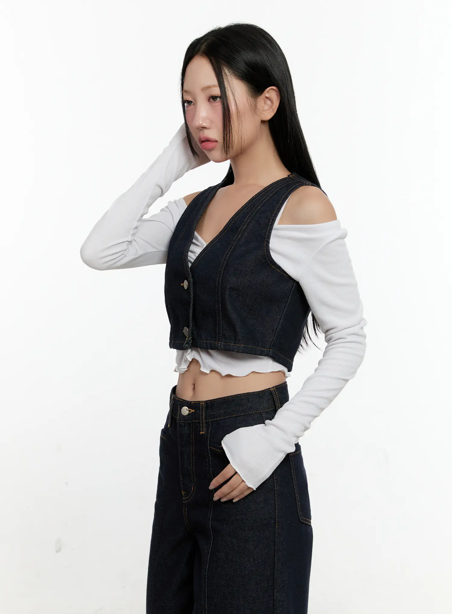 Non-Fade Button Denim Crop Vest CN506 - Image 5