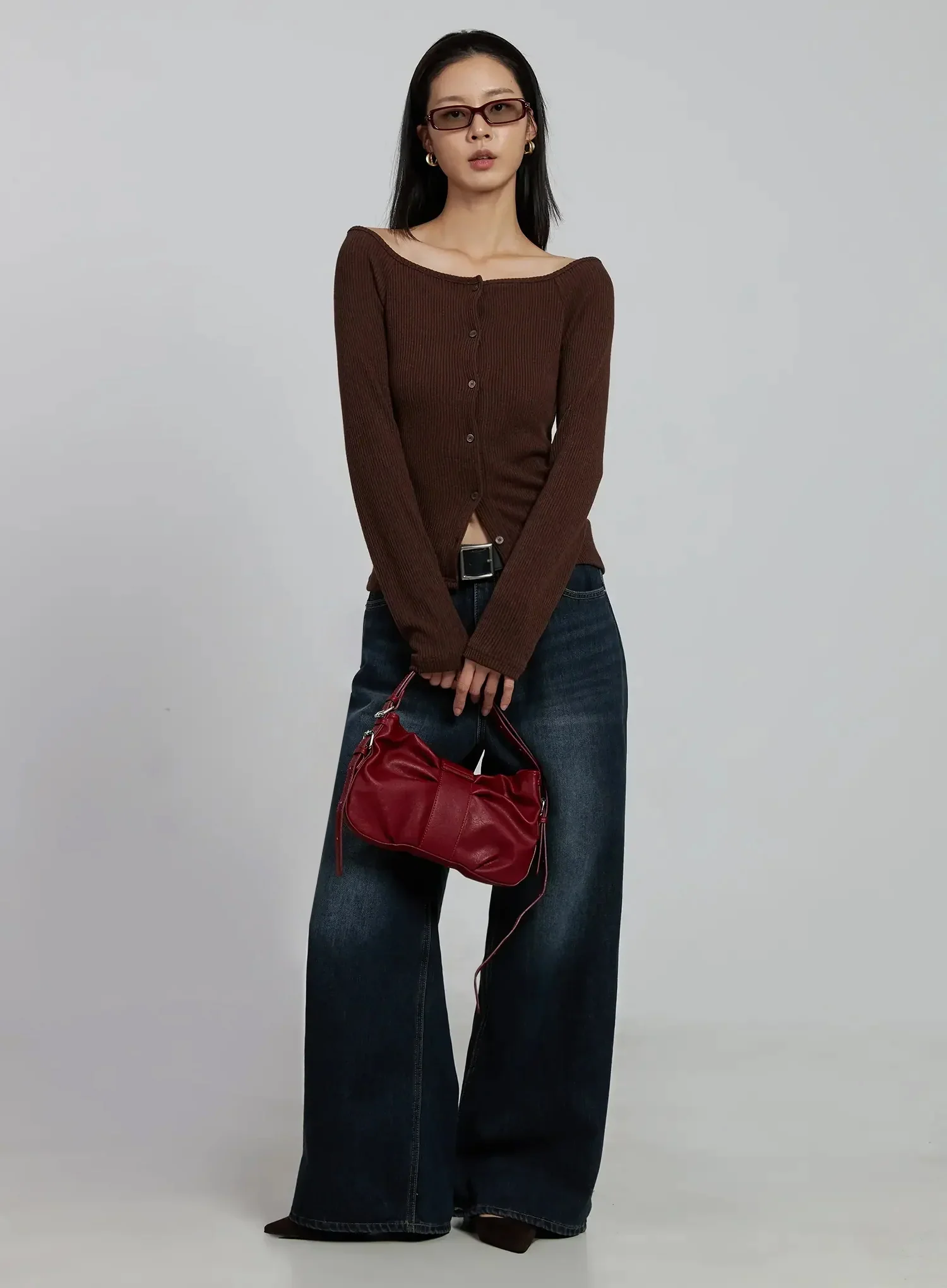 Off-Shoulder Button Ribbed Cardigan IM520 - Image 10